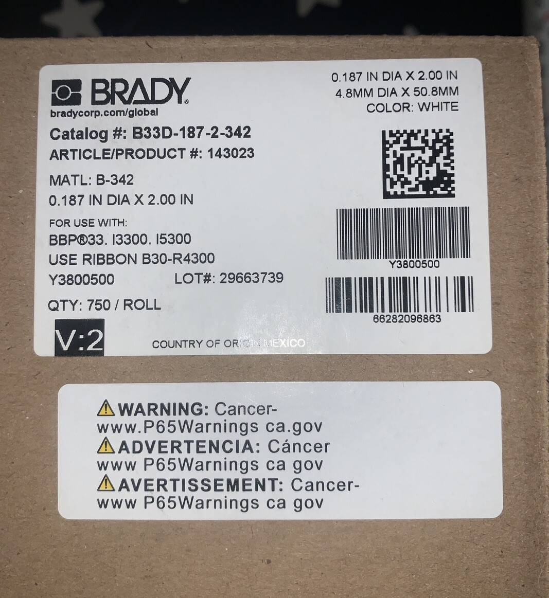 Brand New BRADY B33D-187-2-342 .187” X 2” 750 White Labels per roll - 1 ROLL