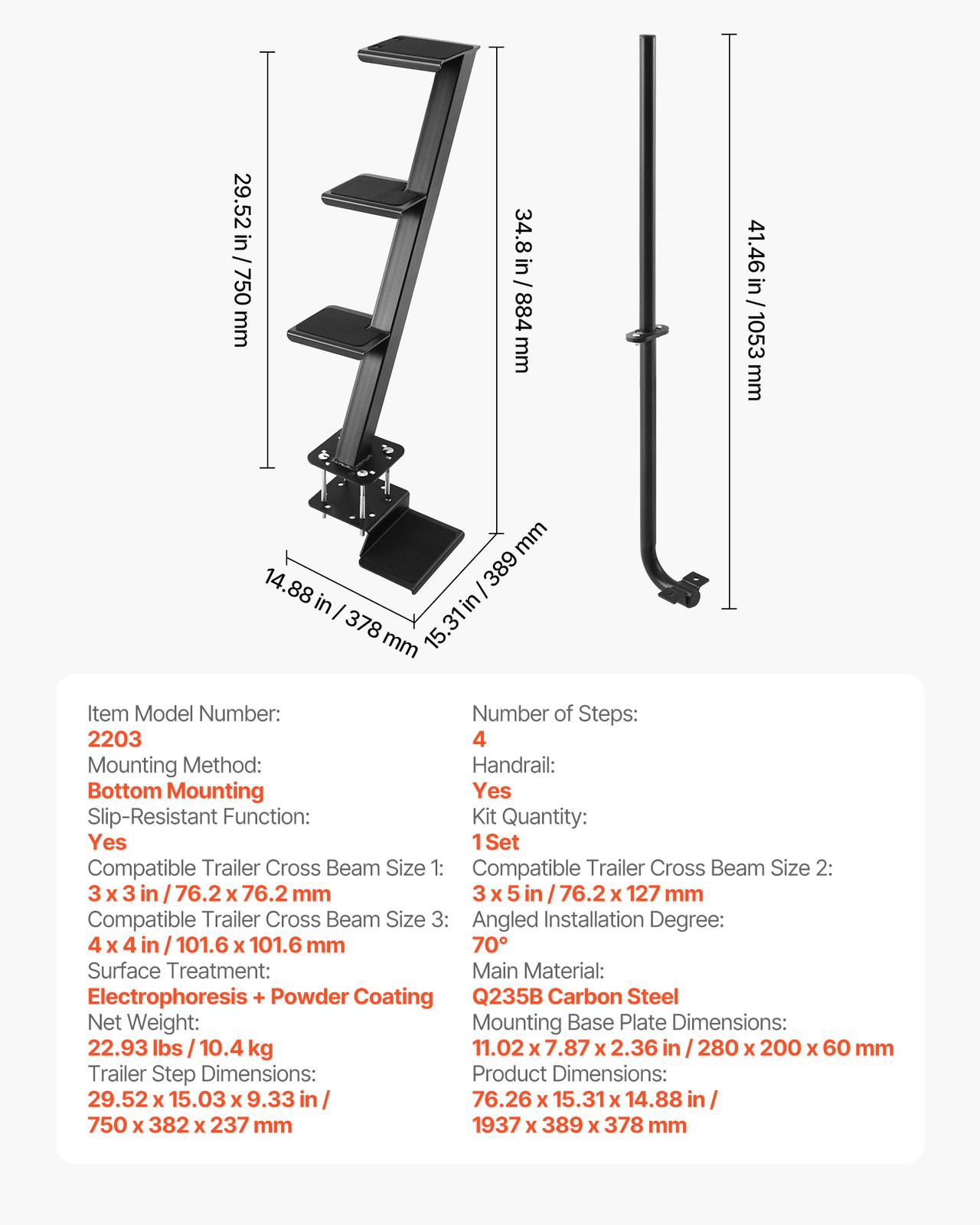 VEVOR Boat Trailer Steps Heavy Duty Boat Steps with Handle 4 Step Bottom Mount
