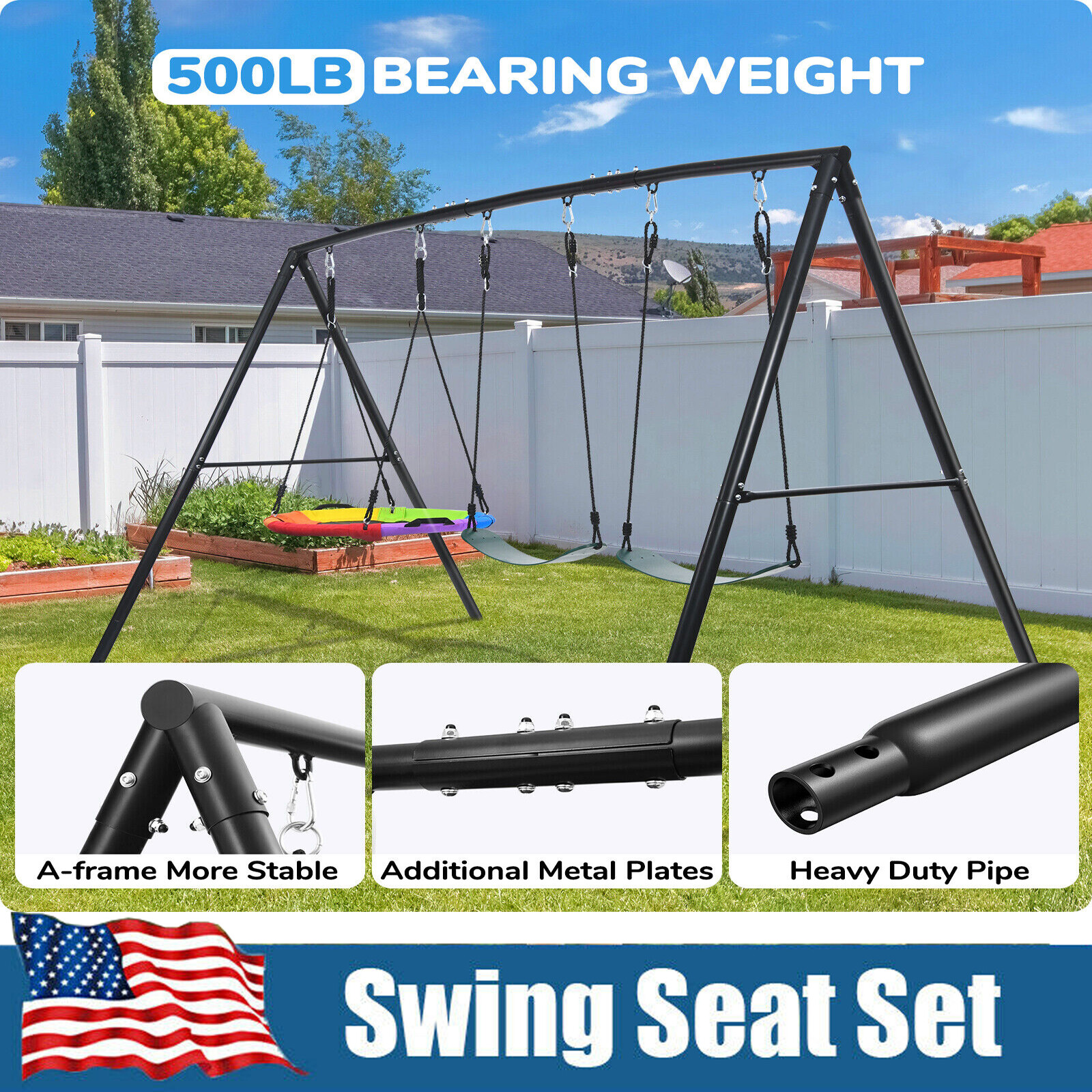 600lb Metal Swing Set with 3 Swing Kids Backyard Swingset Heavy Duty Swing Stand