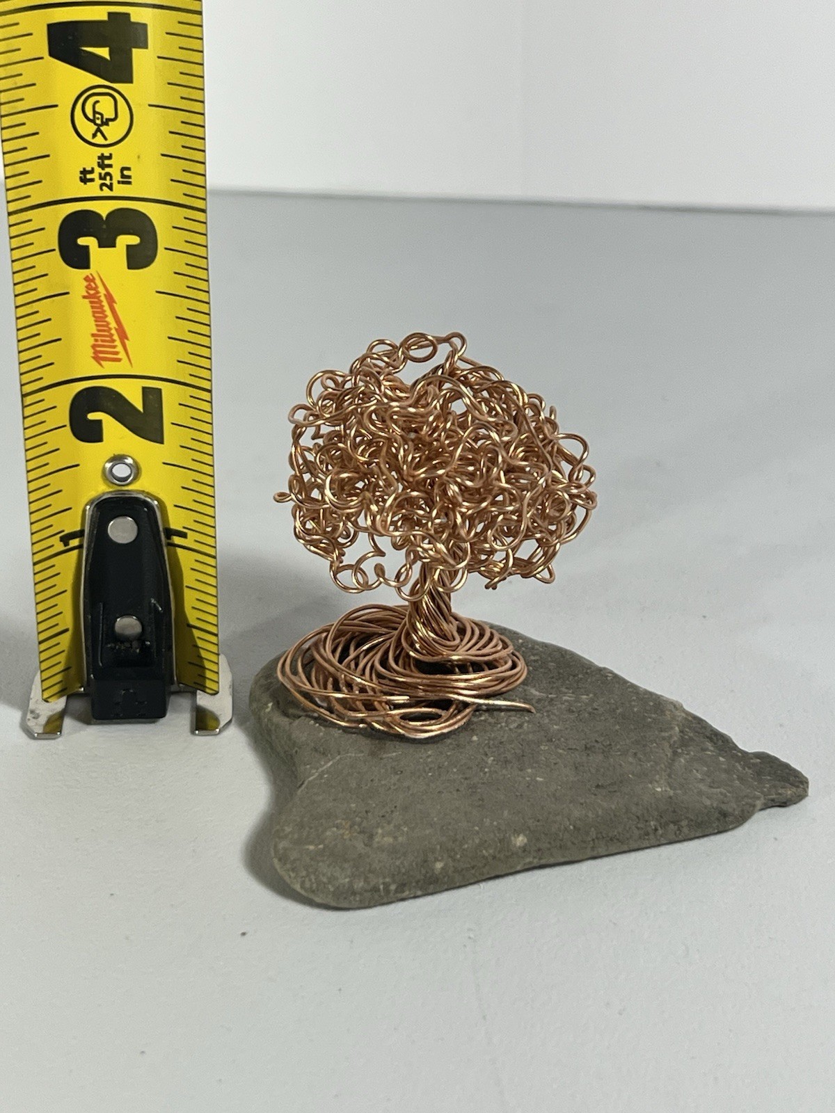 Handmade 2.25” Copper Wire Bonsai Tree Sculpture On Stone Base Decor Mini (D)