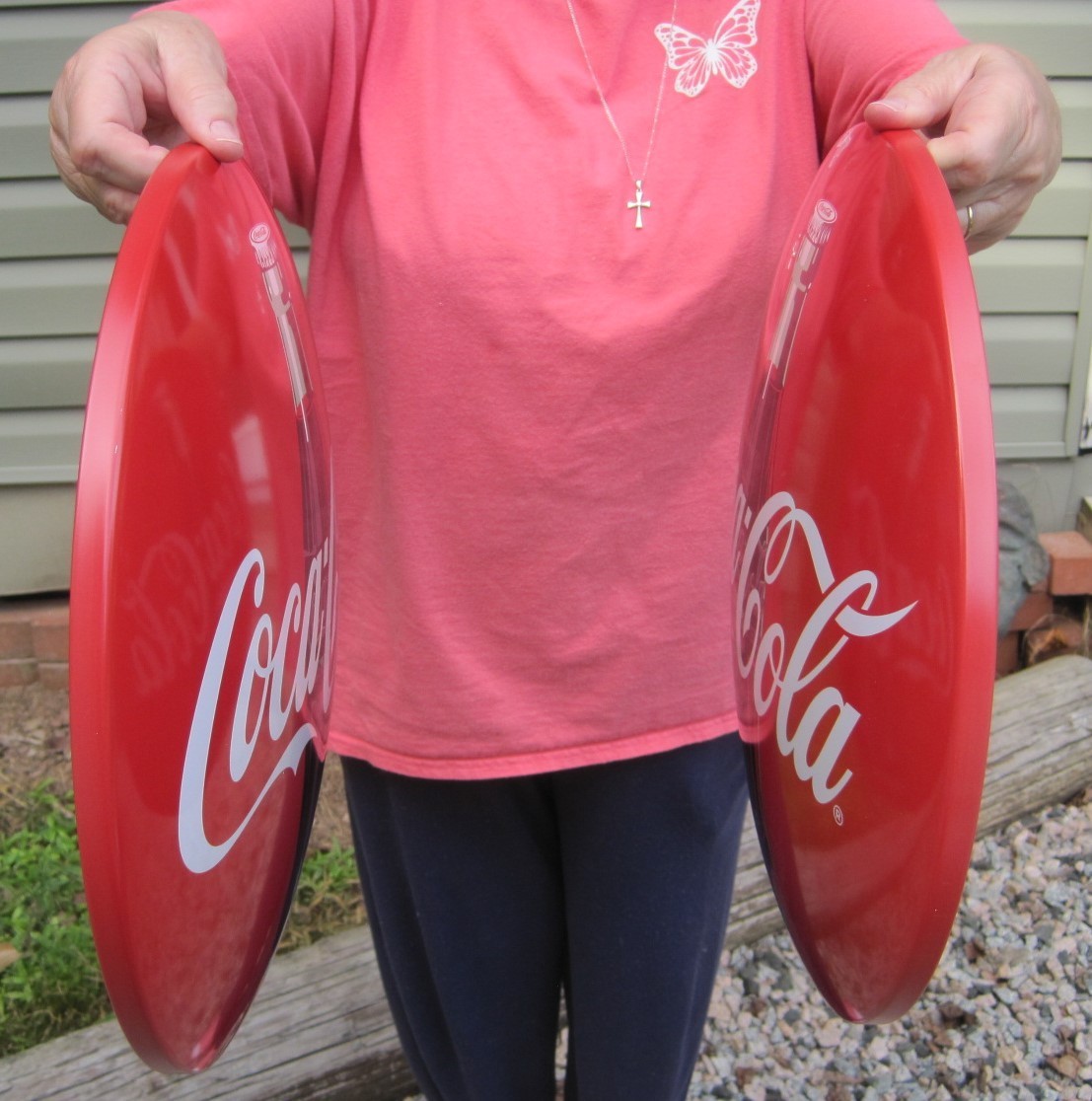 (2) 16" Coca Cola Metal Dome Button Advertising Coke Signs 1950's Diner Style