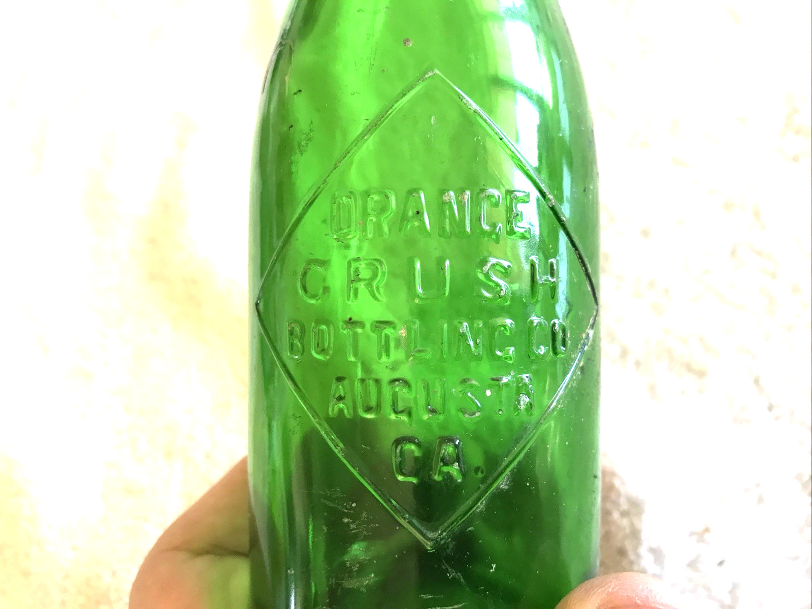 ORANGE CRUSH VINTAGE GREEN GLASS EMBOSSED BOTTLE, AUGUSTA, GEORGIA..RARE