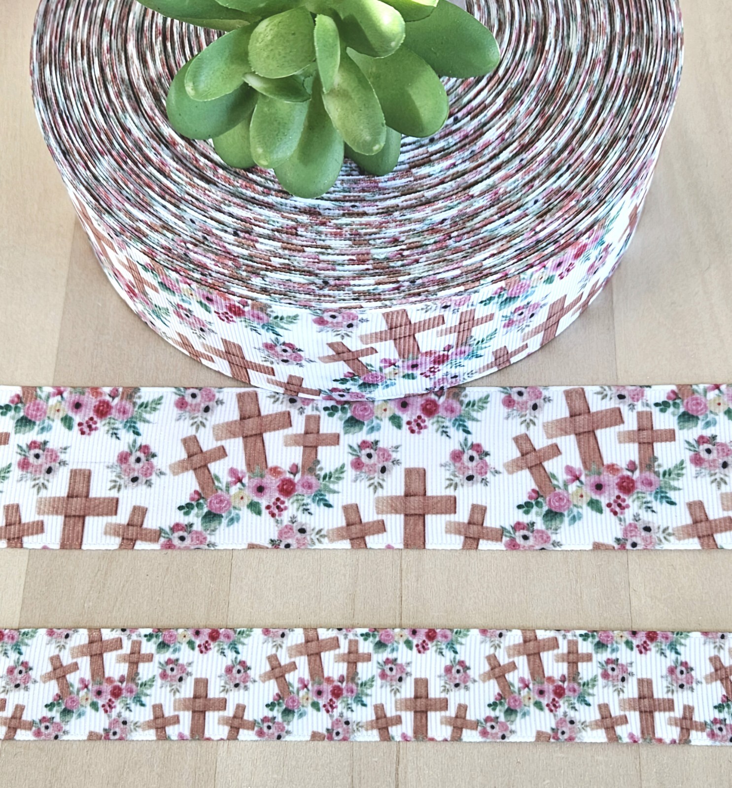 7/8 & 1.5" (1 YD) Easter Grosgrain Ribbon Easter Cross Religious Spiritual