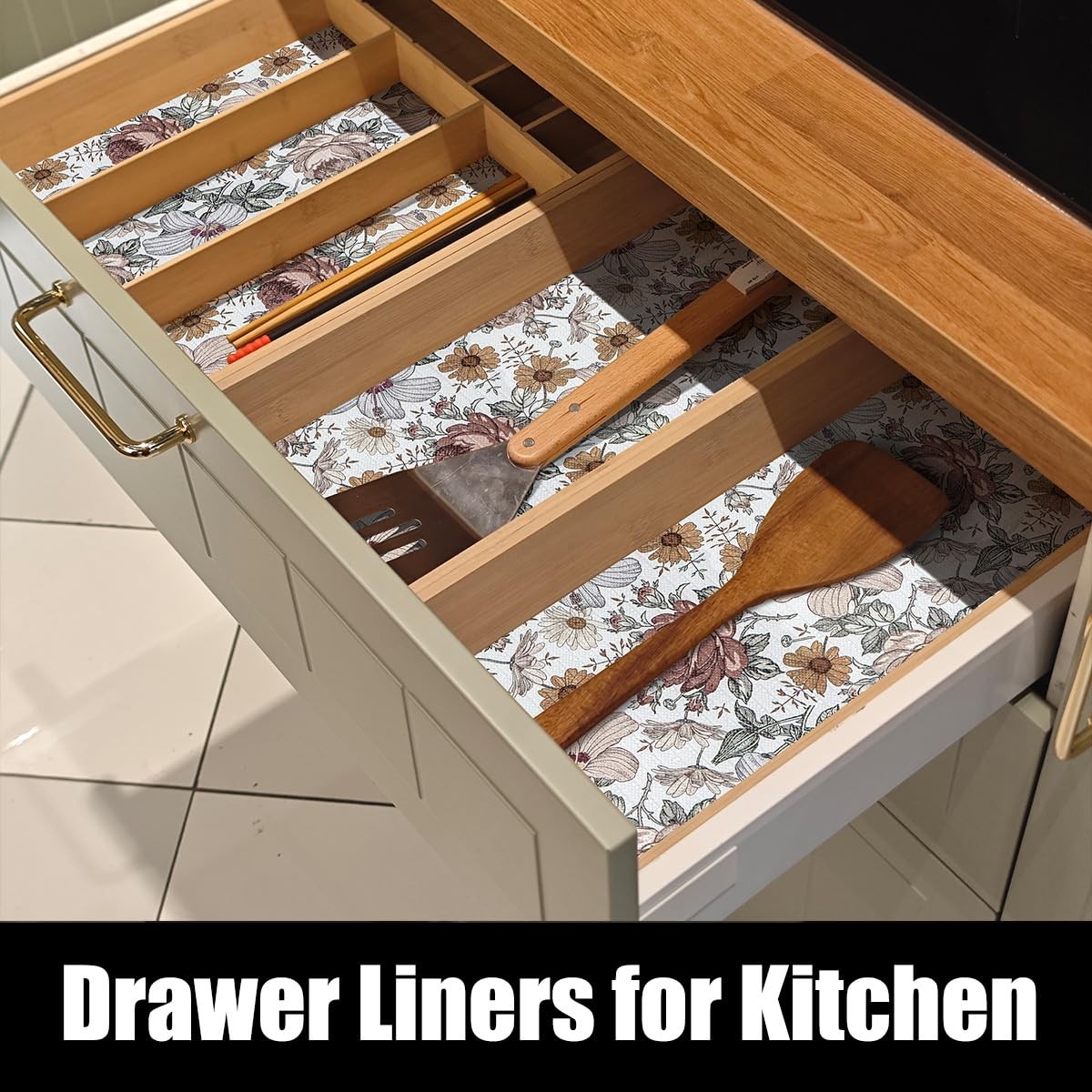 Floral Drawer Shelf Liners, Non Adhesive and Strong Non-Slip Cabinet Drawer S...