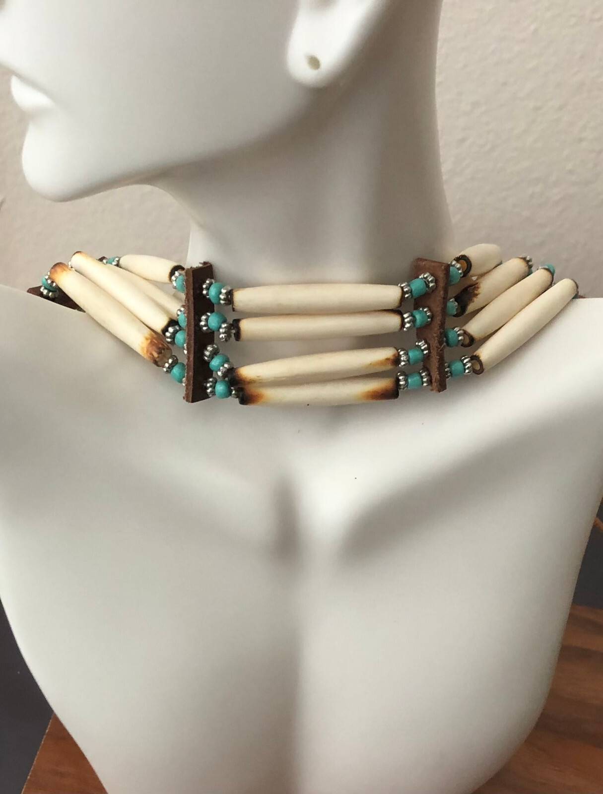 Buffalo Bone 4 Row Tribal Native American Choker Necklace Beaded Turquoise Stone