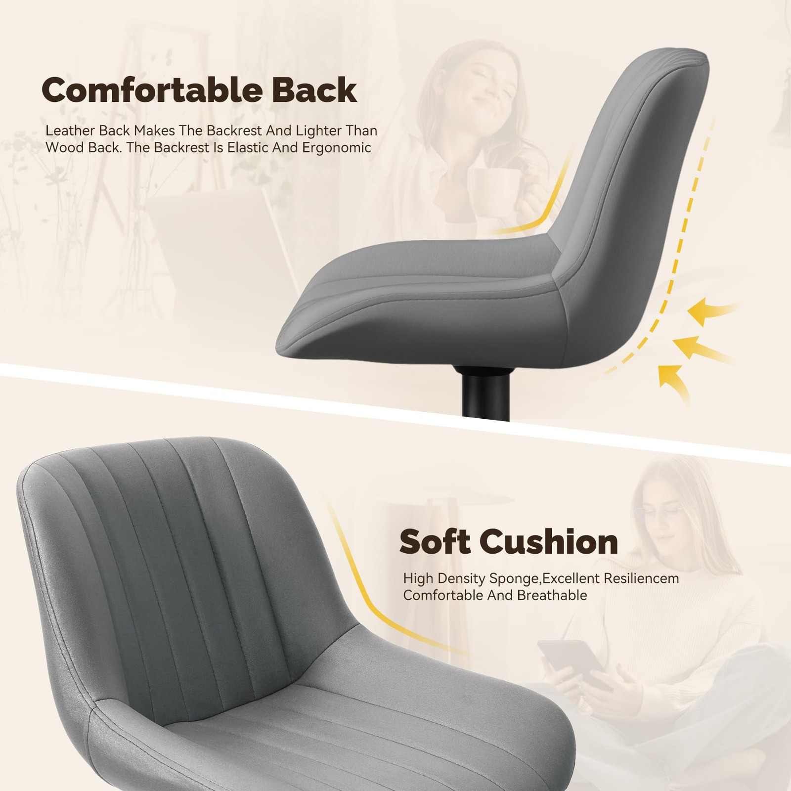 Set of 2 Adjustable Swivel Bar Stools with Backs Counter Height Dark Grey