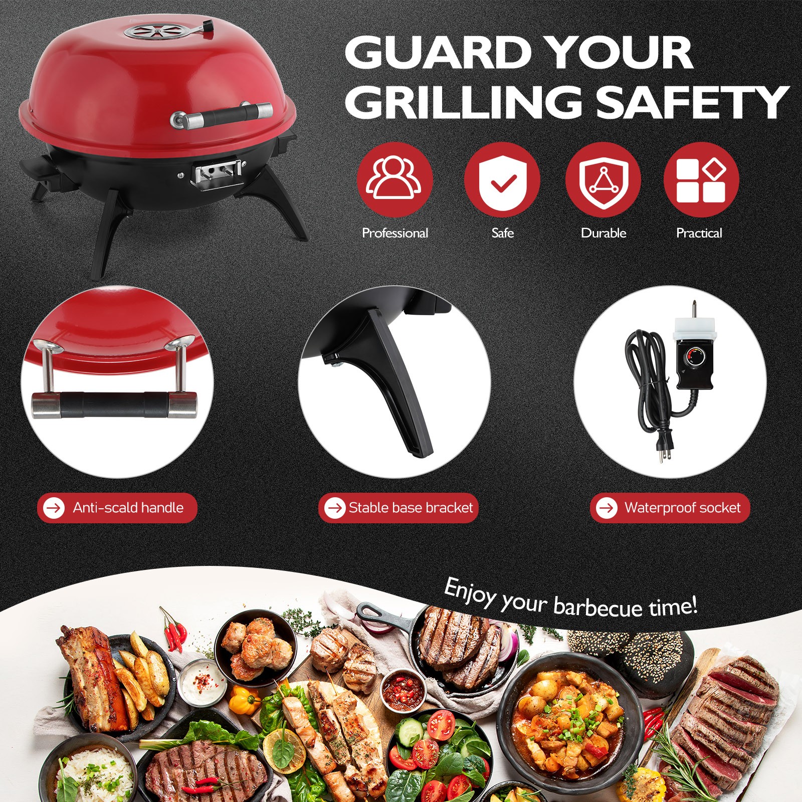 Electric BBQ Grill Red 1600W In/Outdoor Garden Party with Double Layer Design
