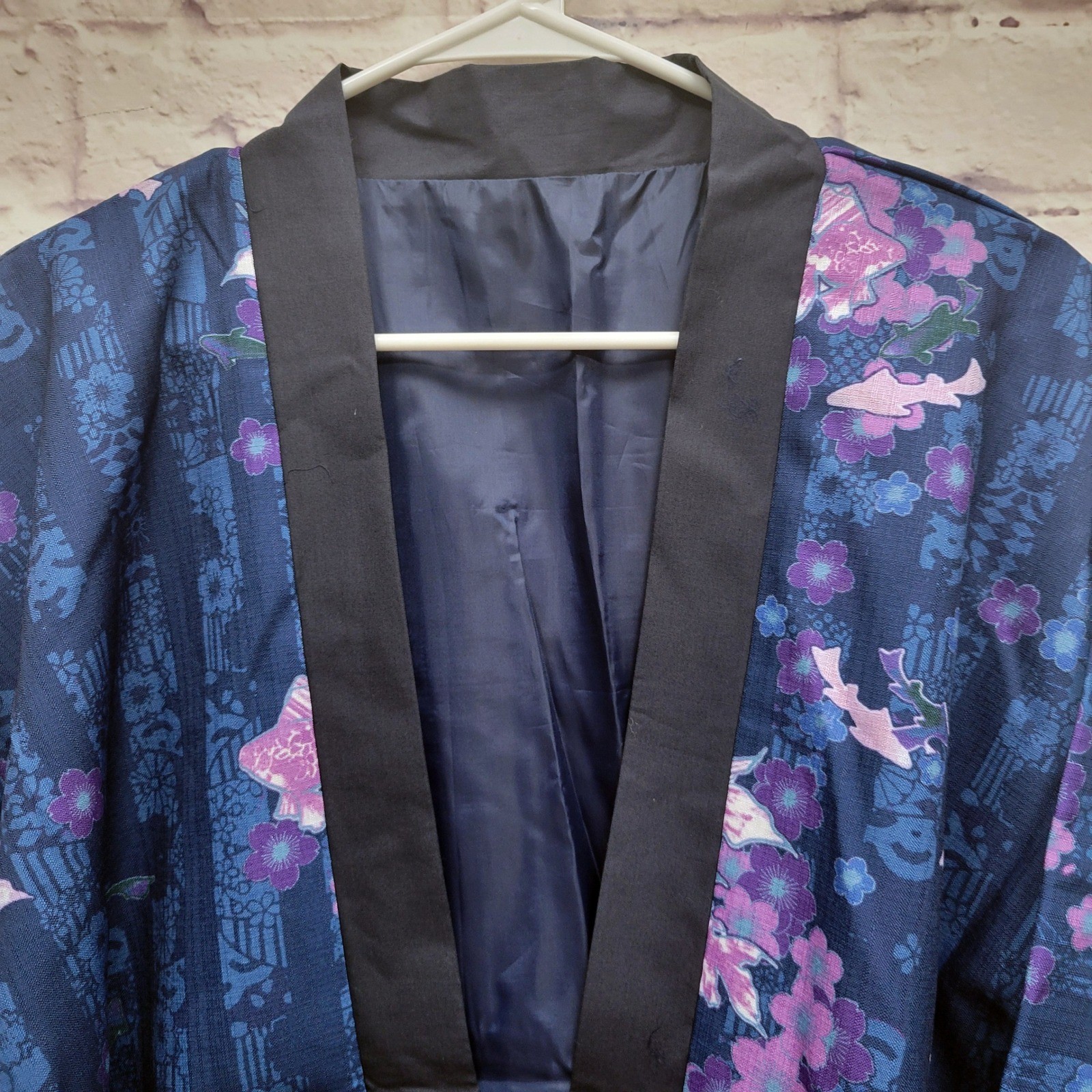 Japanese Kimono Jacket Womens XL+ Blue Purple Floral Asian Design Boxy Sleeves