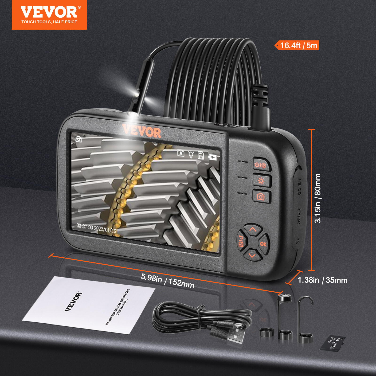 VEVOR Endoscope Camera Borescope Inspection Camera Triple Lens 4.5" IPS