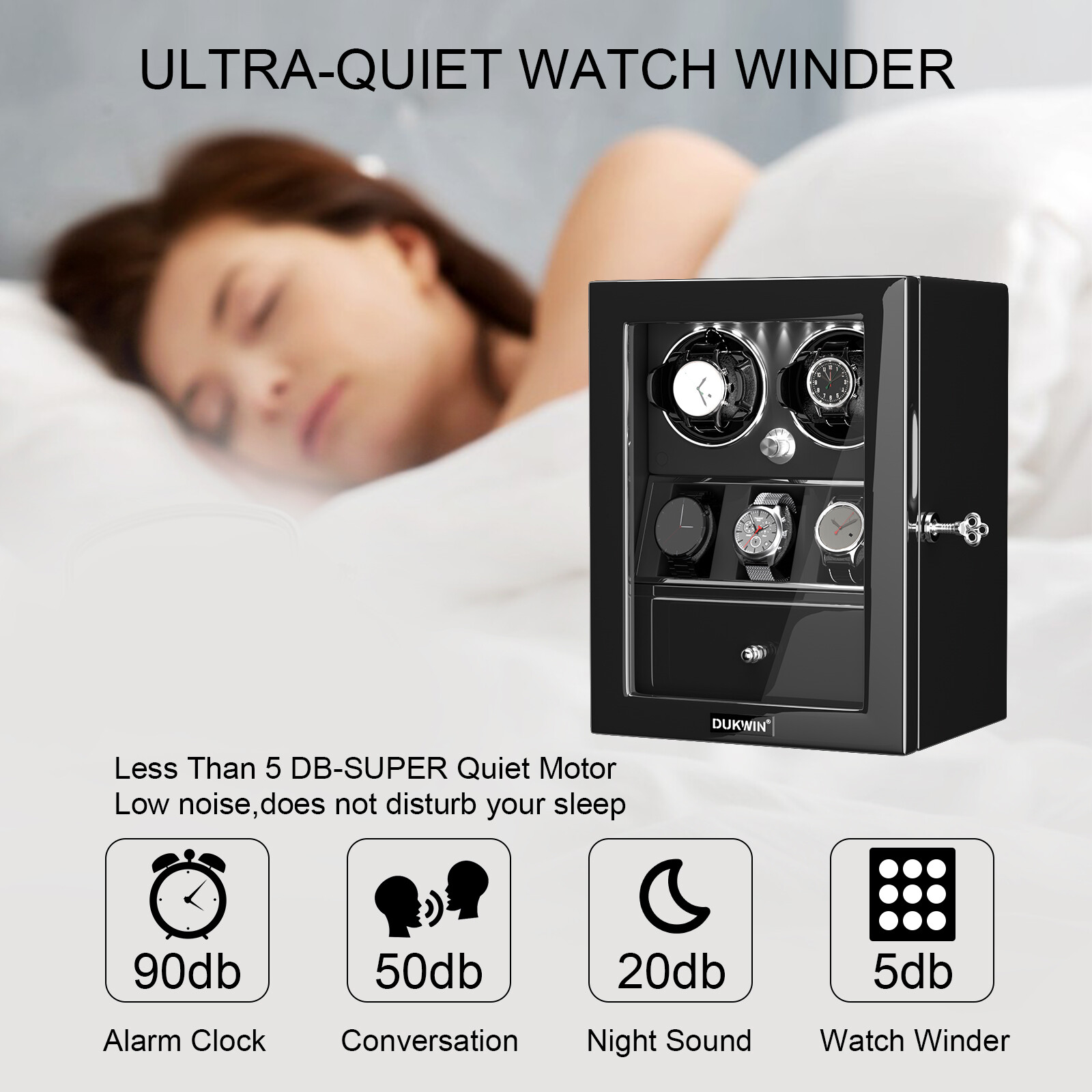 DUKWIN Automatic Watch Winder Box Display Storage Case With Jewelry Drawer LED