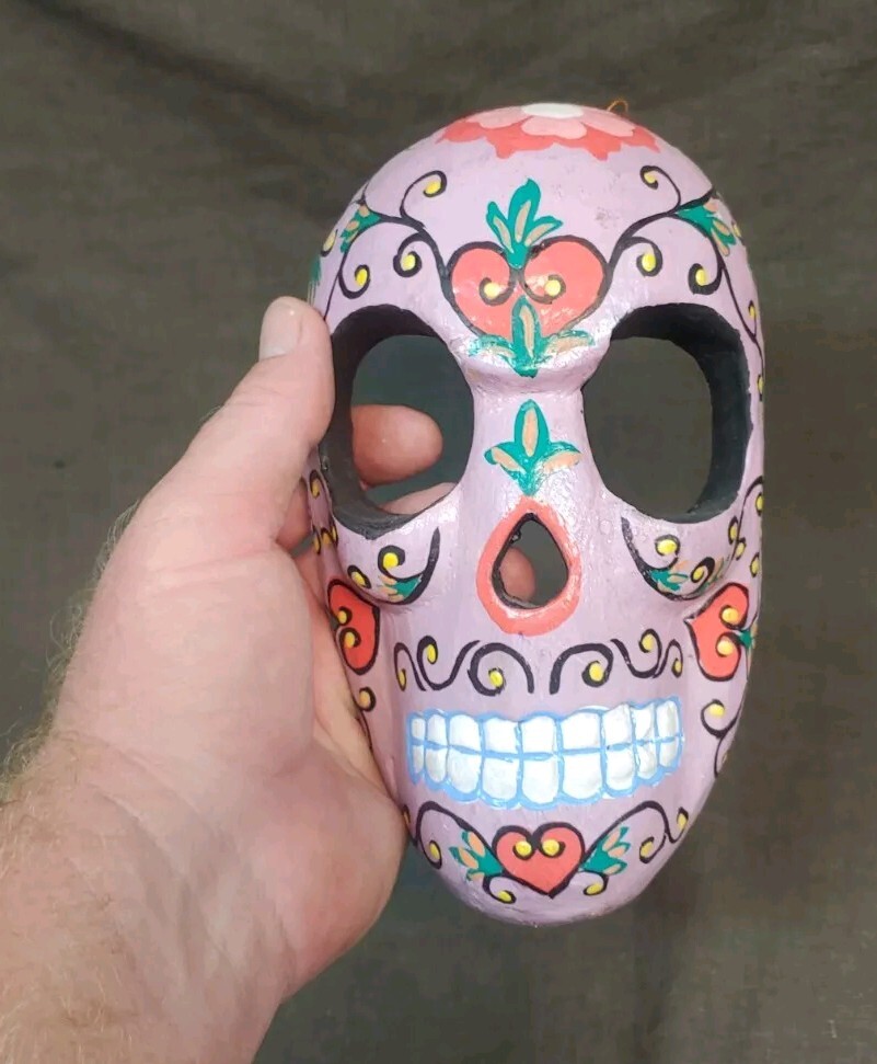 Hand Painted Carved Wall Hanging Sugar Skull Mask Day Of The Dead