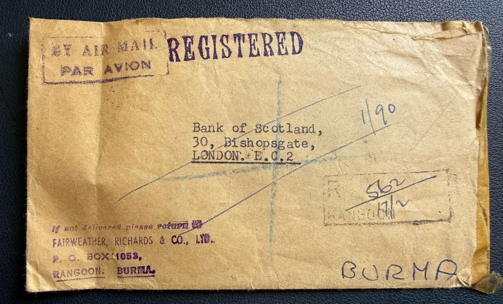 Burma Registered Airmail Cover Rangoon to London Bank Scotland 1950s