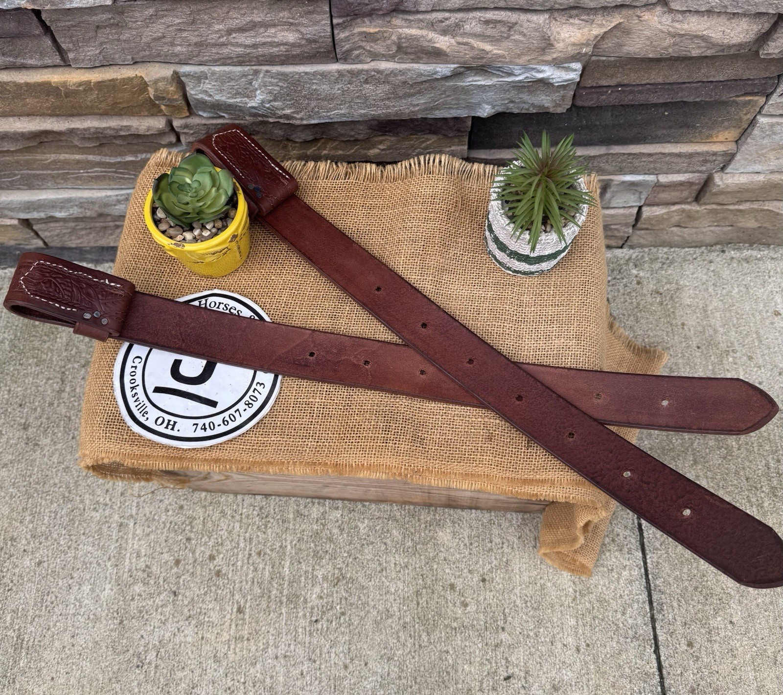 Handmade Leather Back Cinch Billets, Pair, Floral, USA Leather