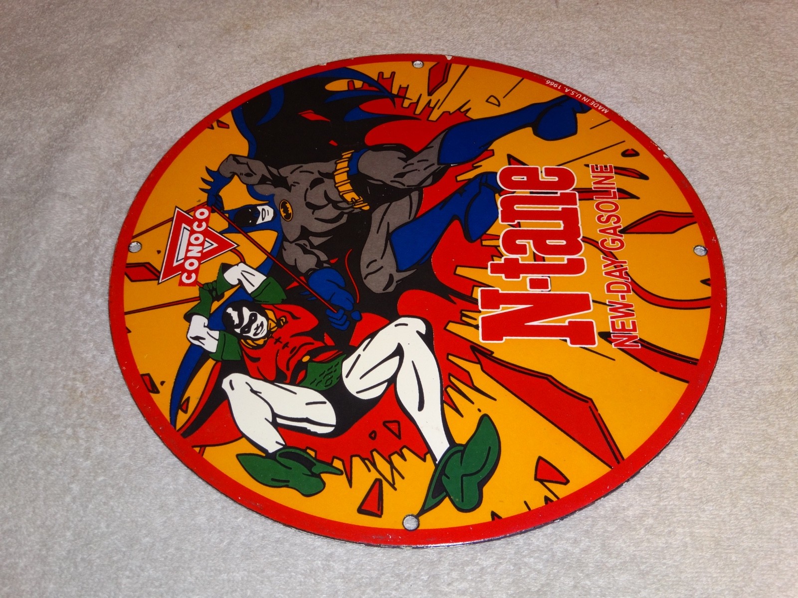 VINTAGE 1966 CONOCO GASOLINE W/ BATMAN & ROBIN 11 3/4" PORCELAIN METAL OIL SIGN!