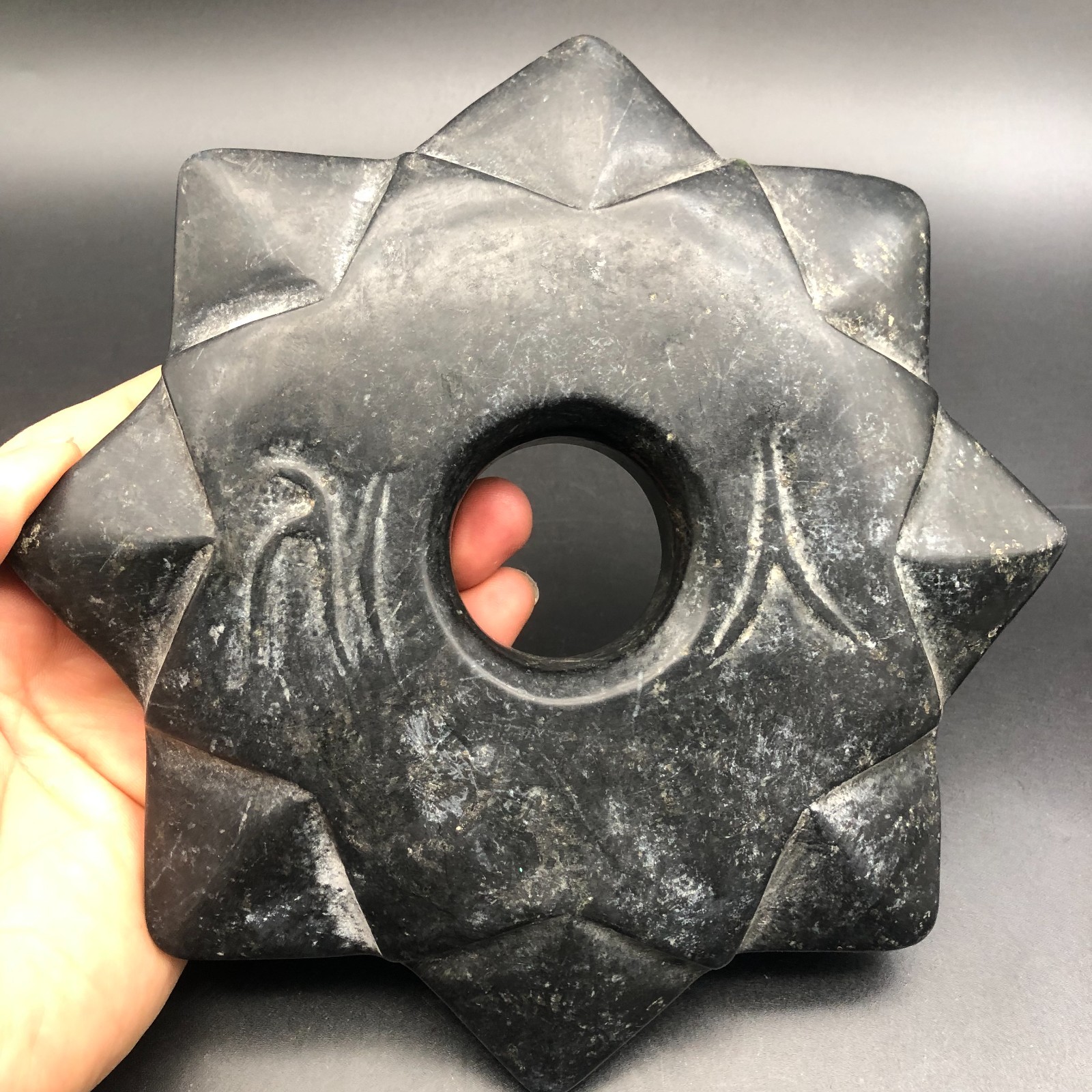Old HongShan Culture Meteorite Jade Hand-Carved Fengshui Octagon Star Statue