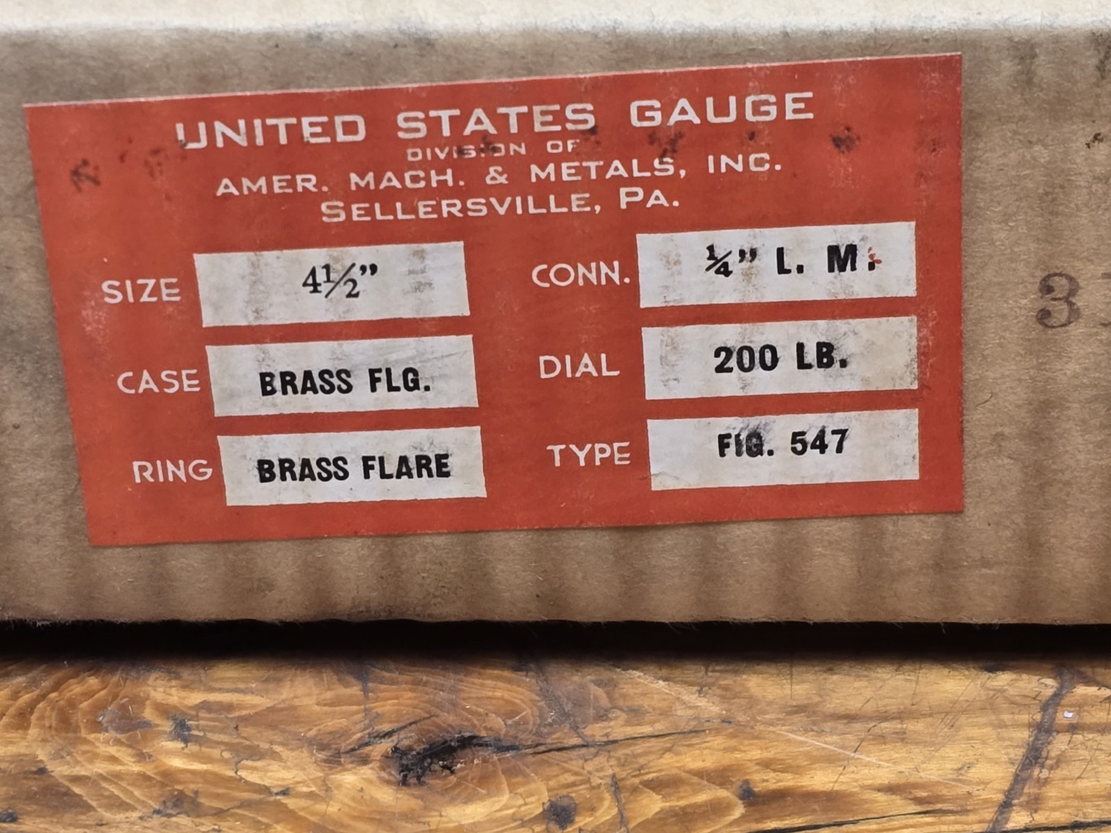 Vintage Industrial U.S. Gauge Co. 4-1/2" Brass 200PSI Steam Pressure Gauge NOS