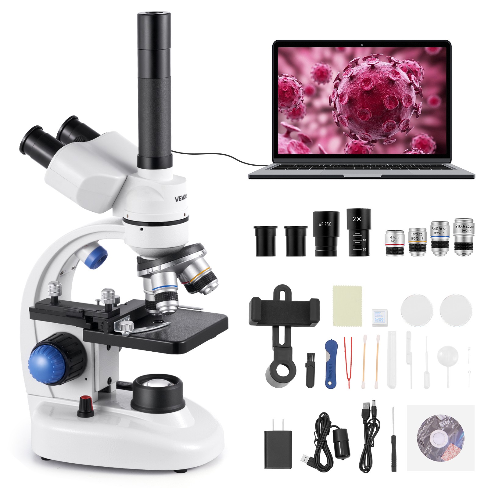 VEVOR Professional Trinocular Compound Microscope Kit 40-5000X Magnification