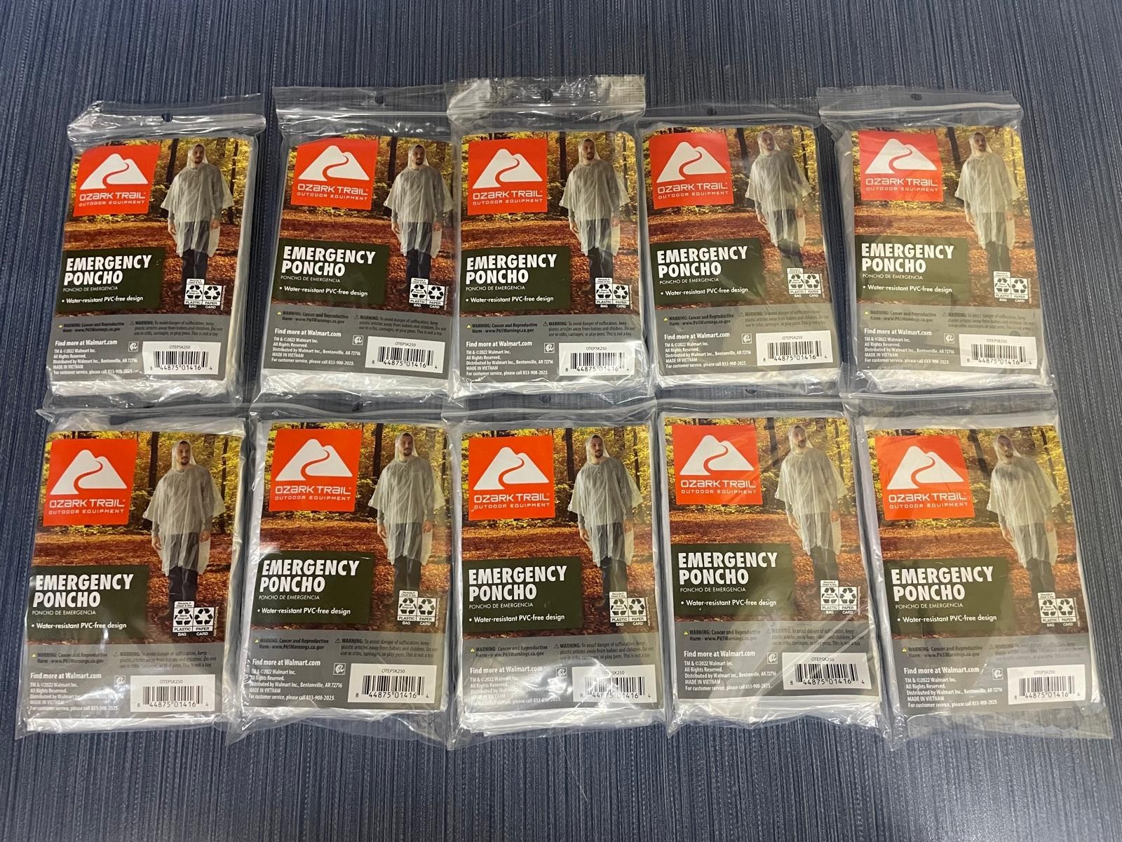 Lot of 10 x Ozark Trail Emergency Poncho Water Resistant PVC-Free Clear