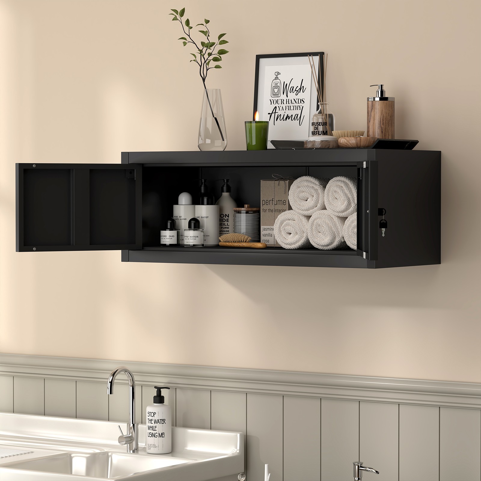 Metal Locking Cabinet, Garage Wall Cabinet, Steel Storage with Doors and Shelves