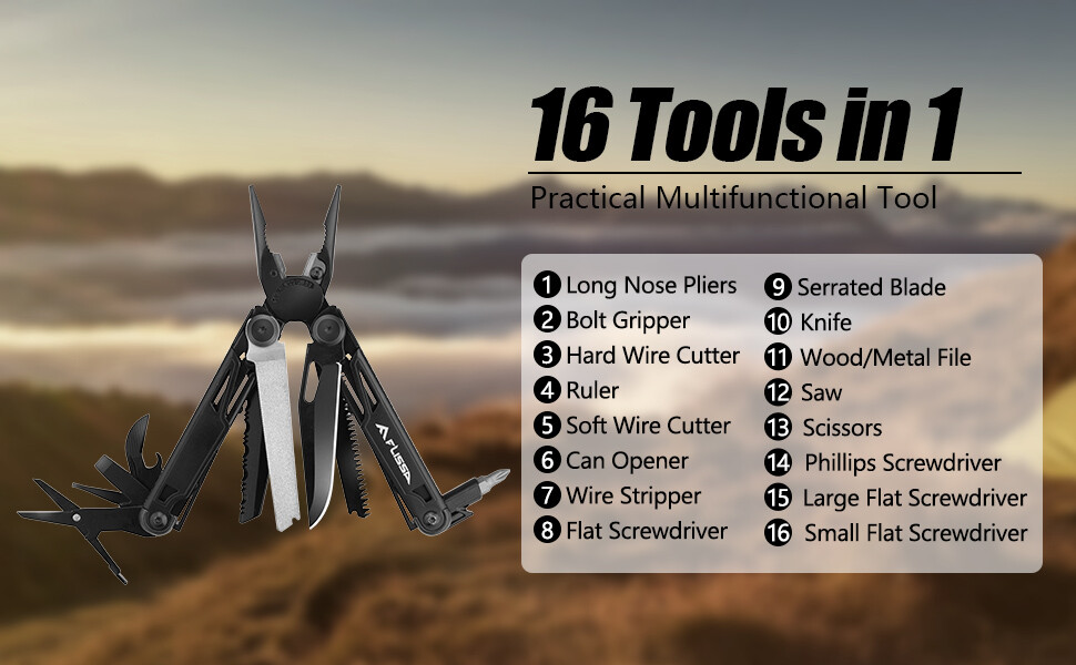 FLISSA 16-in-1 Multi-tool Plier Folding Tool Bottle Opener with Sheath