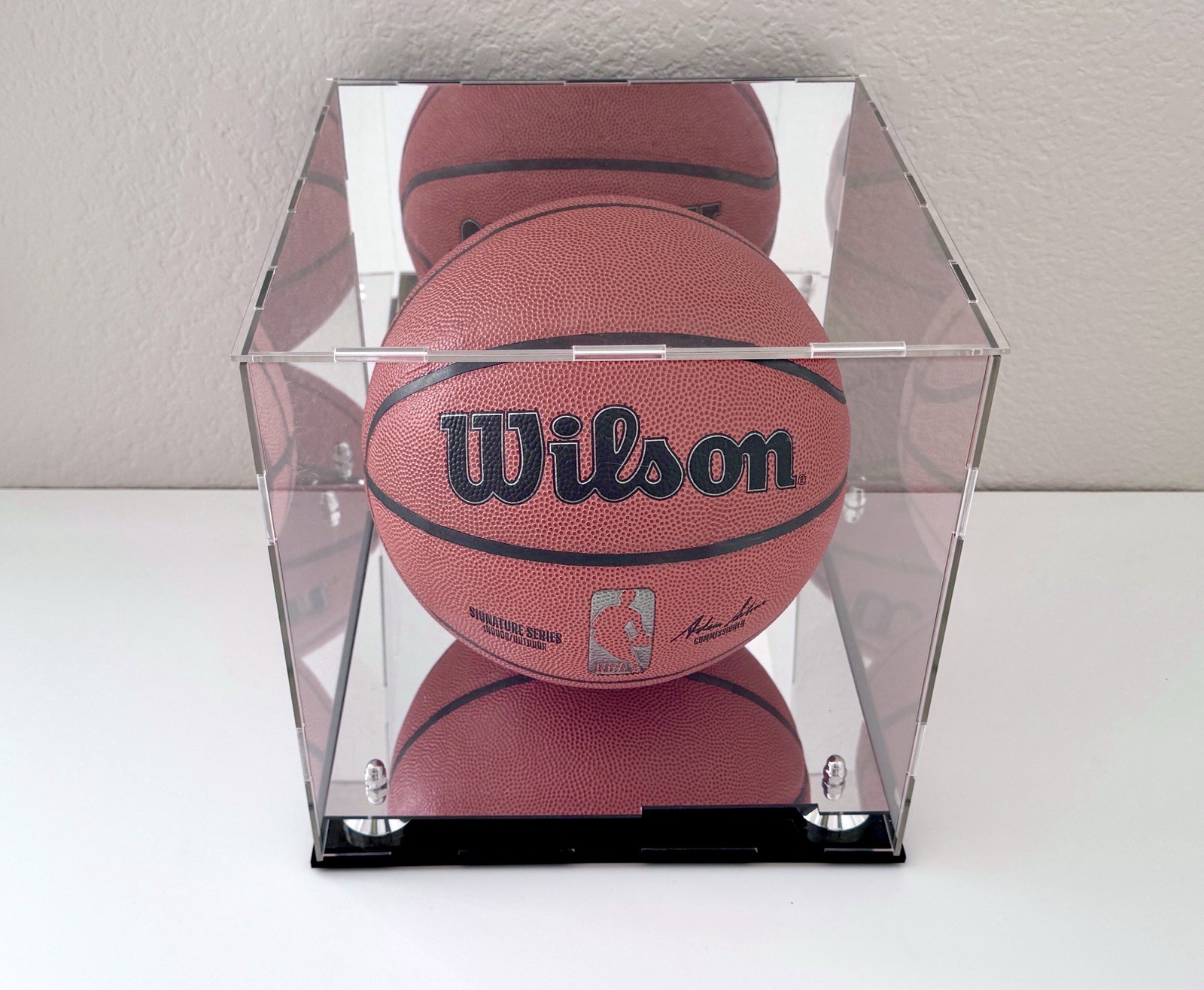Basketball Display Case with Silver Cones, Mirror Base and Mirror Back