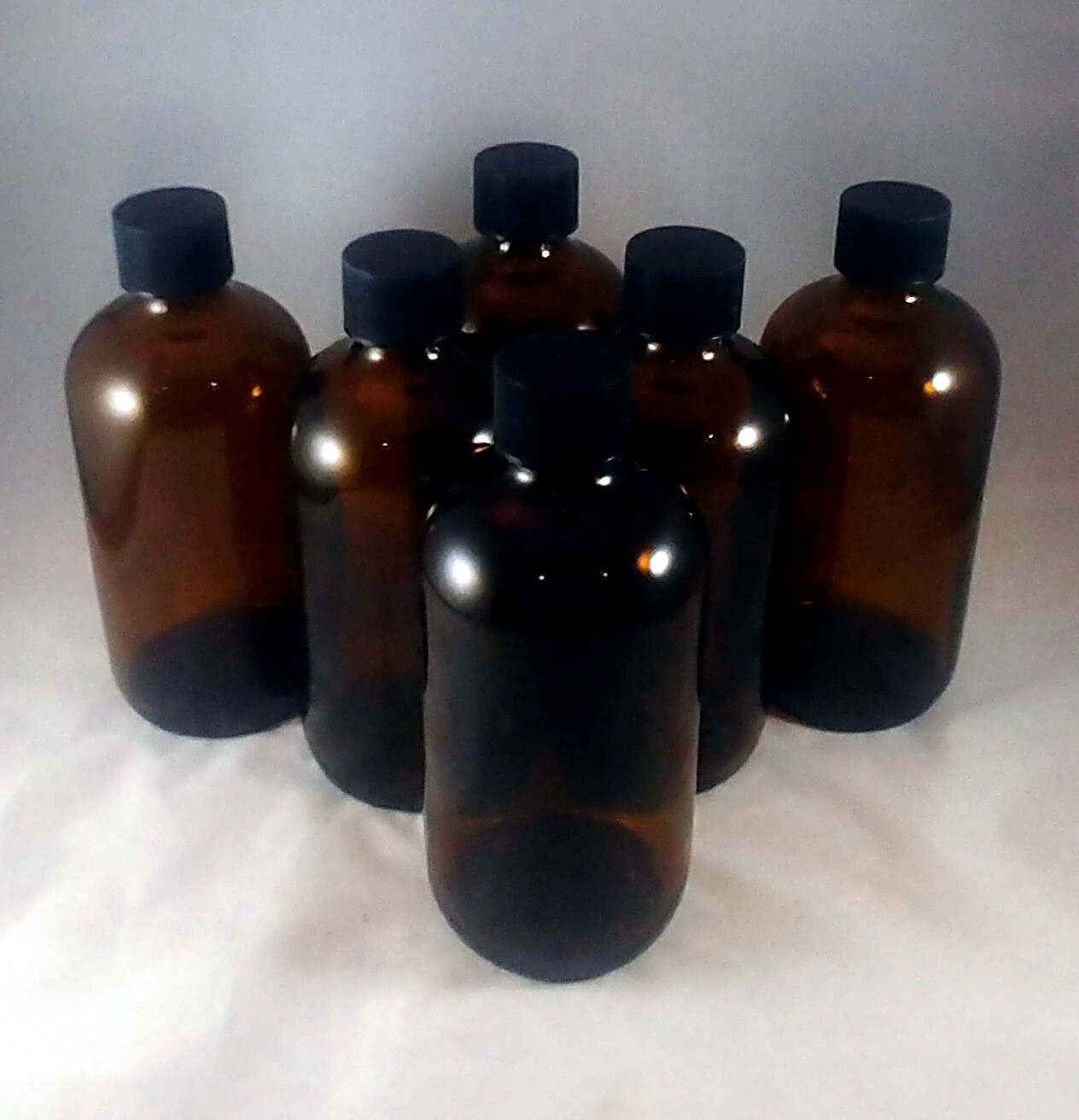 8 oz Amber Boston Round Glass Bottles with Caps and Pumps