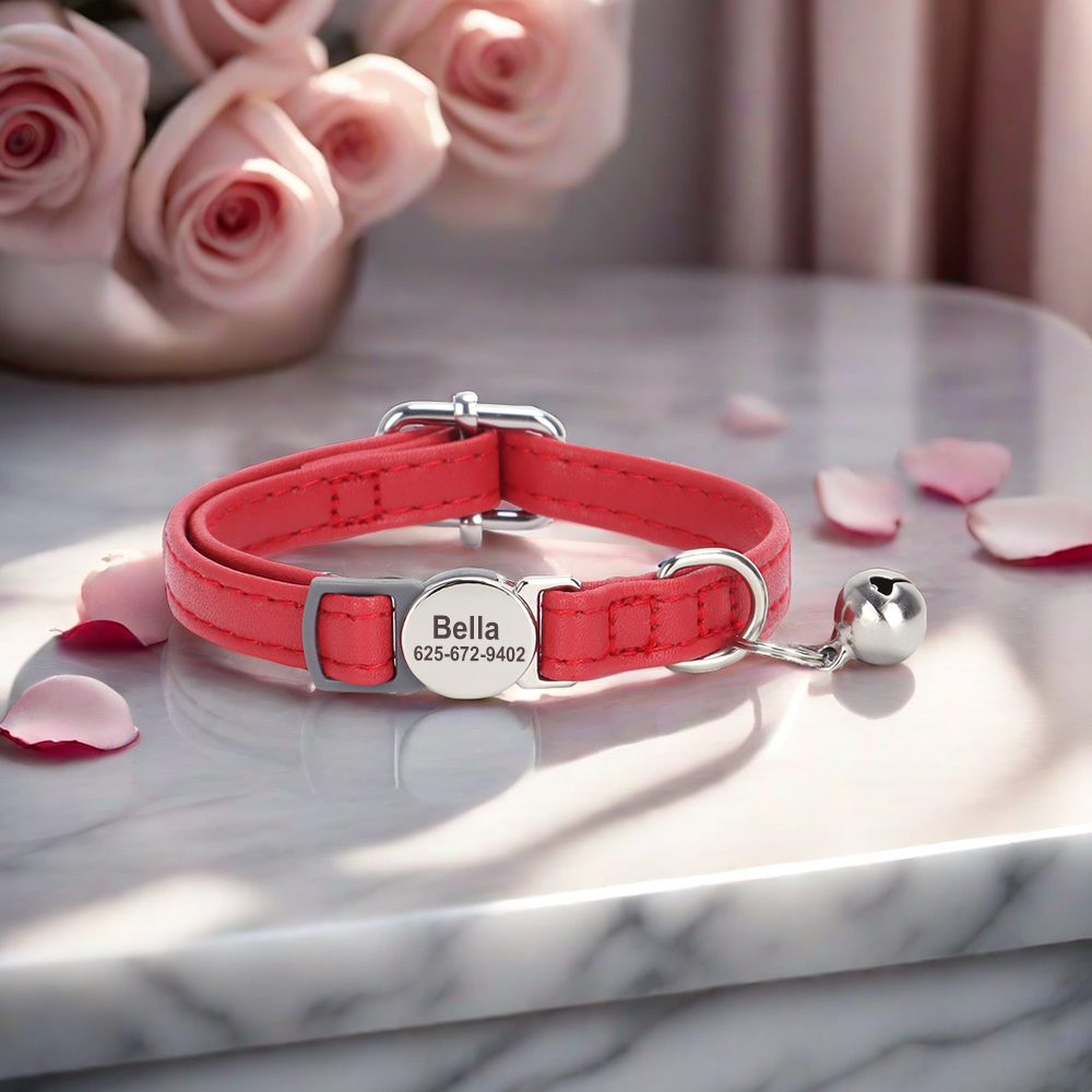 Personalized Cat Collar Puppy Kitten Engraved Name Tag Soft Leather Adjustable