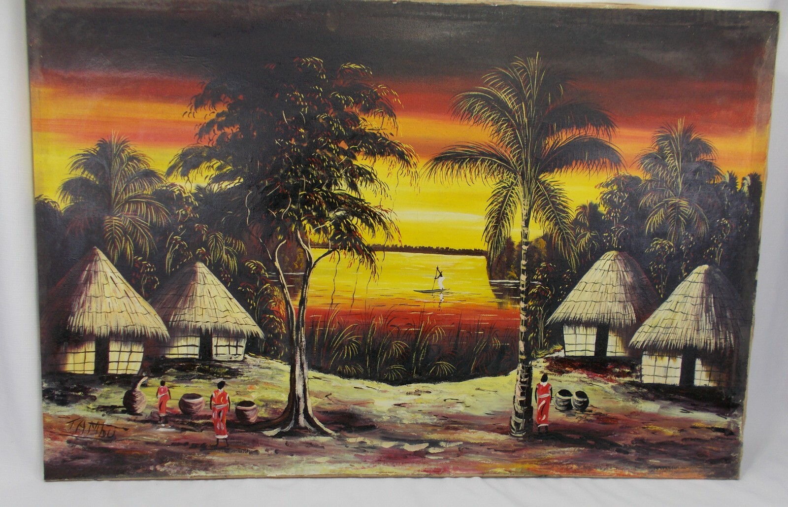 TAMBU 1960's Senegal African oil painting beach village sunset 43 x 28'