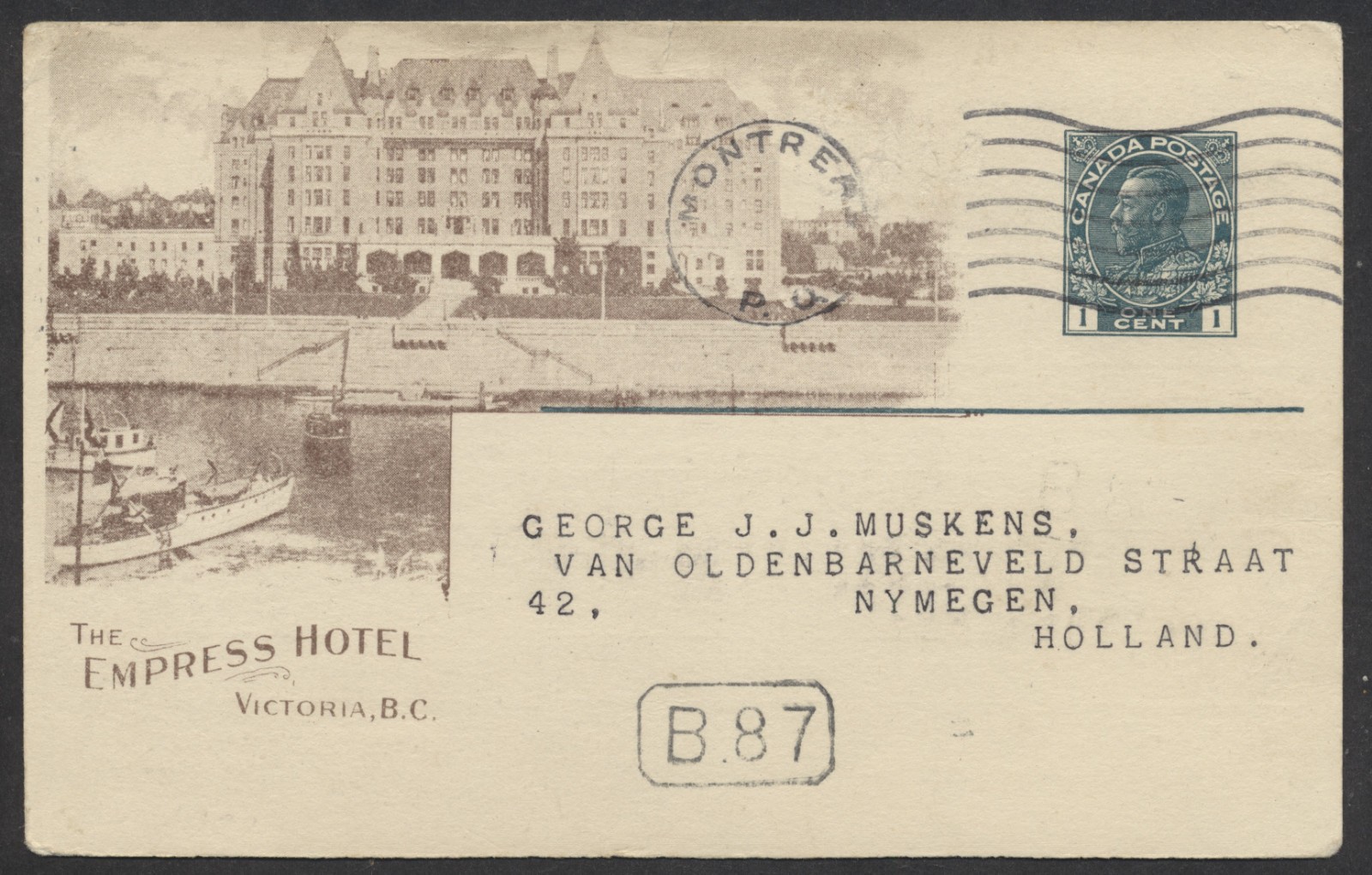 1921 CPR 71A 1c Admiral Sepia View Card Empress Hotel Earnings to Holland