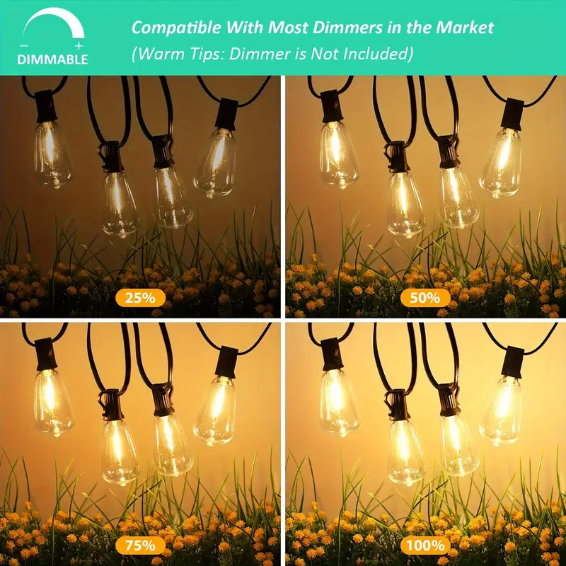 50FT LED Outdoor String Lights Dimmable Waterproof ST38 LED Patio Lights