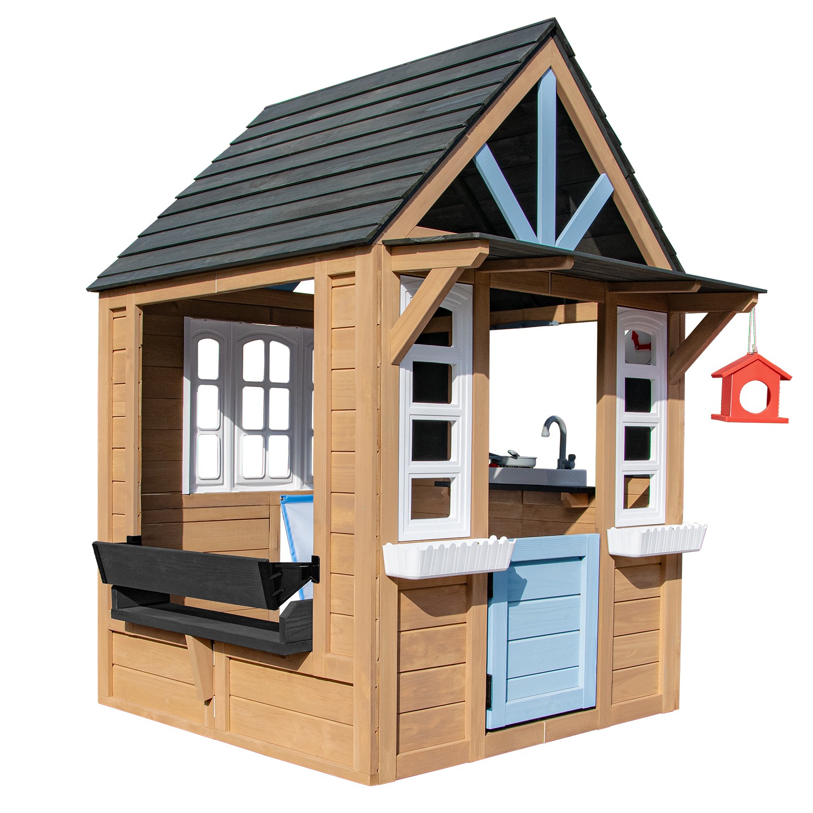 Outdoor Wood Kid Playhouse Backyard Garden Cottage Play Kitchen,Bench,Chalkboard