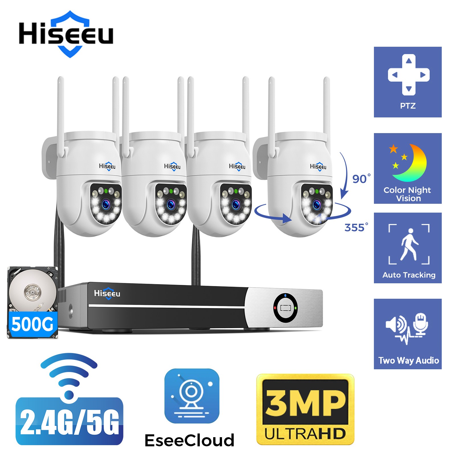 Hiseeu 3MP 16CH NVR Outdoor Wifi PTZ Security Camera System 2-Way Audio 500G HDD