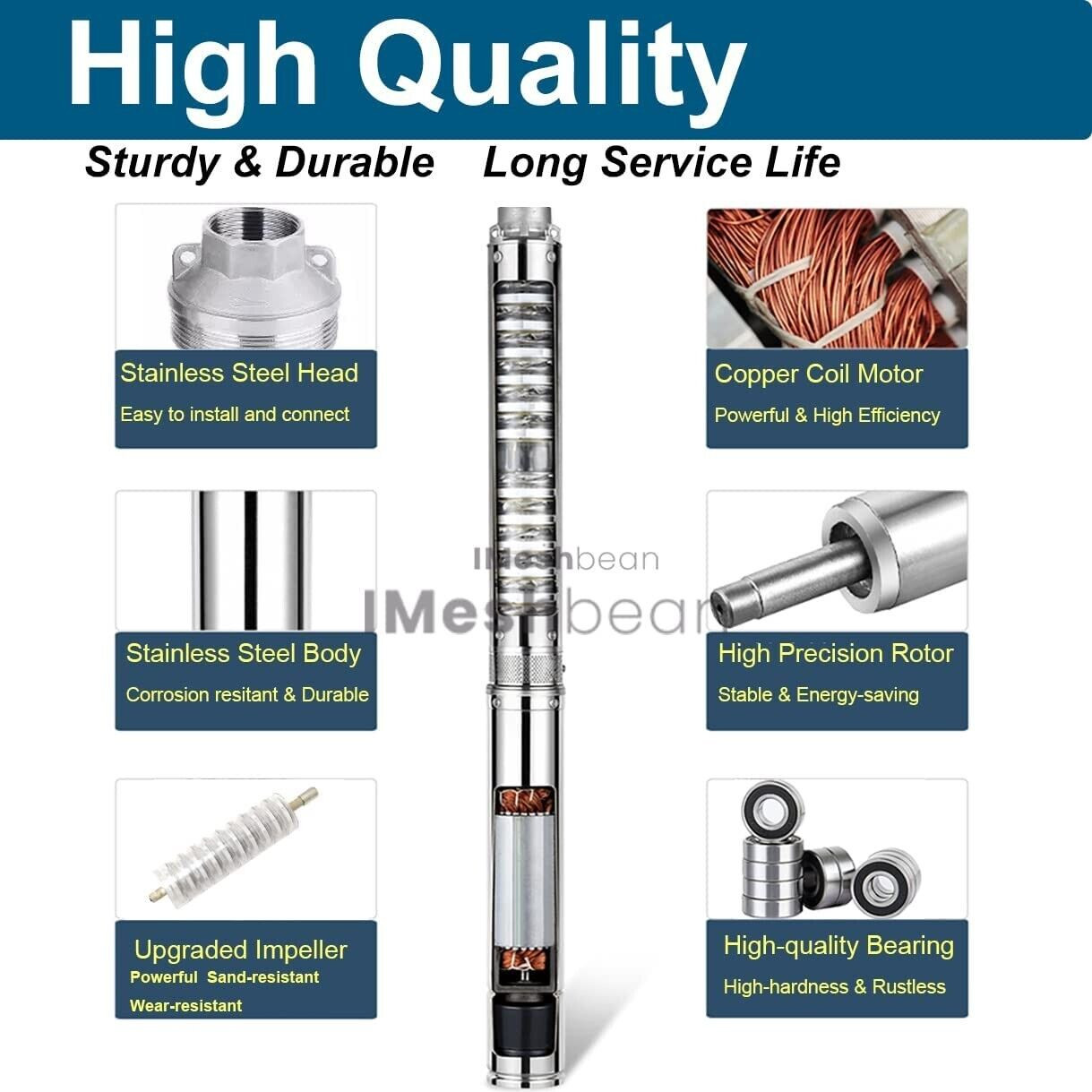 500W 3" DC 48V Solar Pump Submersible Pump Bore Deep Well Pump 33ft Copper Wire