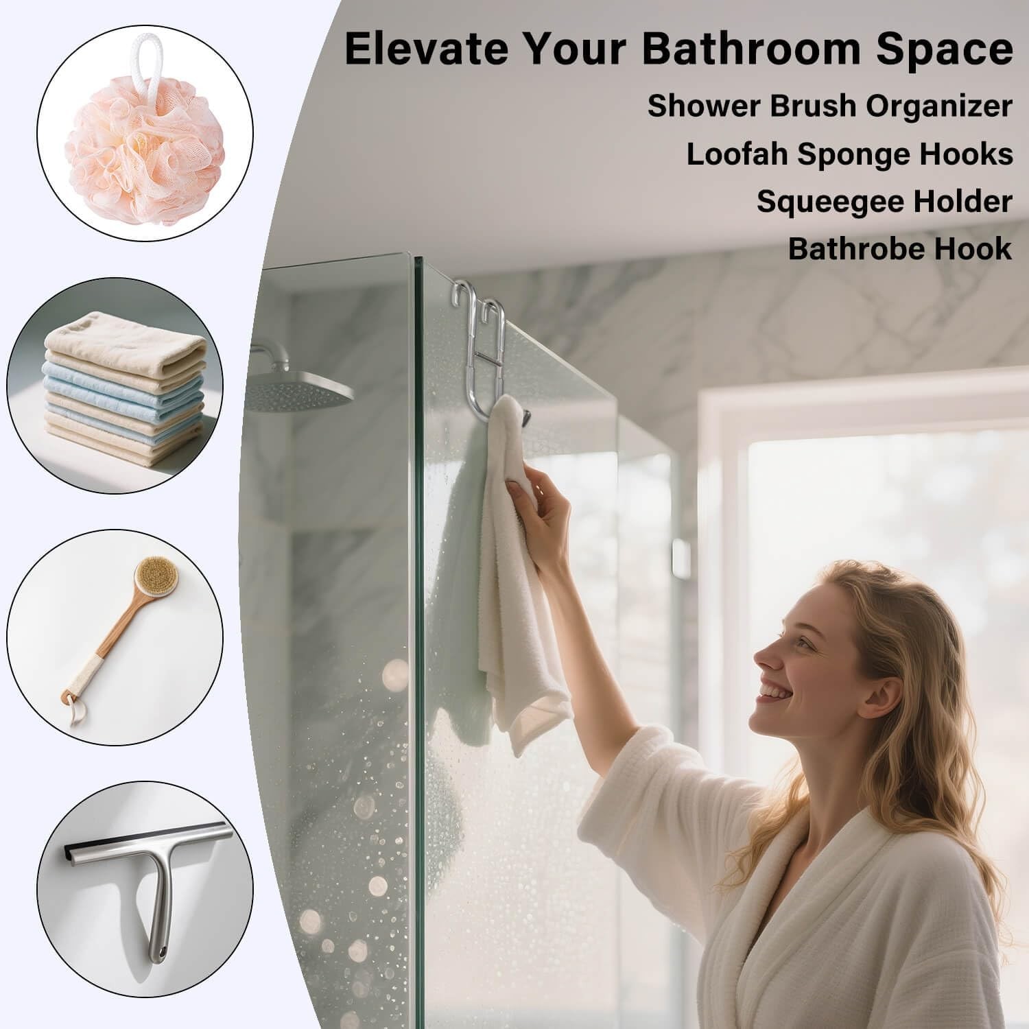 Shower Door Hooks for Towels & Squeegee - No Drill Bathroom Hooks for Frameless