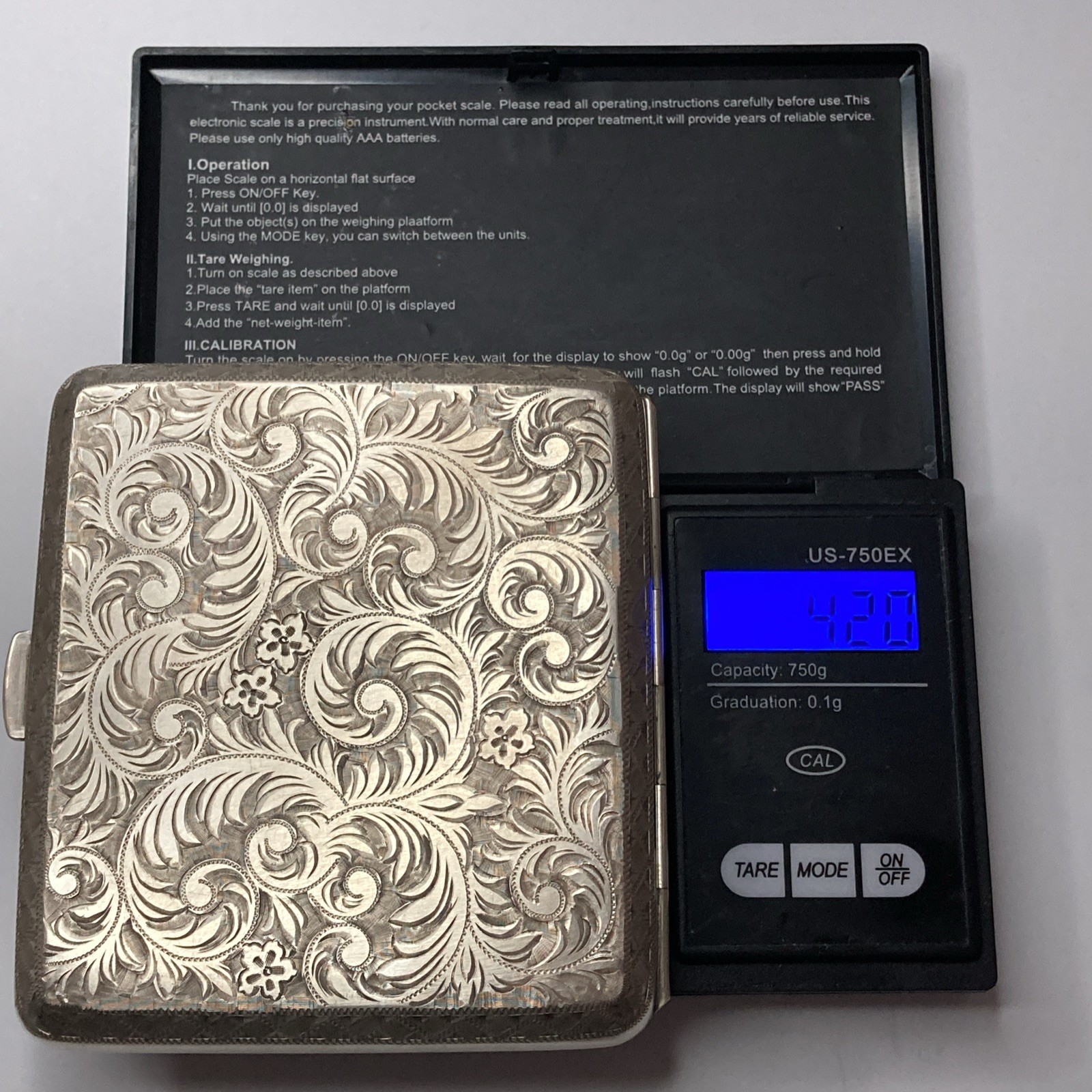 Sterling Silver .950 Cigarette Case Vintage Engraved~Made In Japan(130.5 Grams)