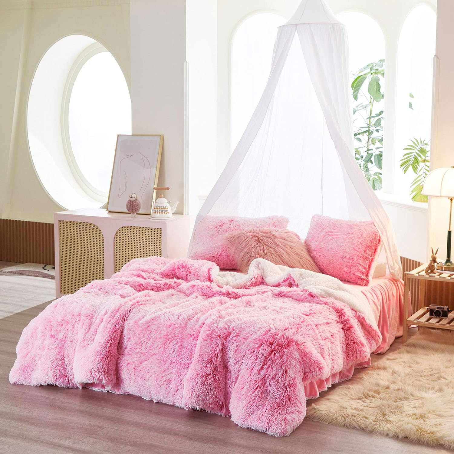 3-Piece Plush Shaggy Comforter Set, Full/Queen Size Luxury Faux Fur Sherpa Rever