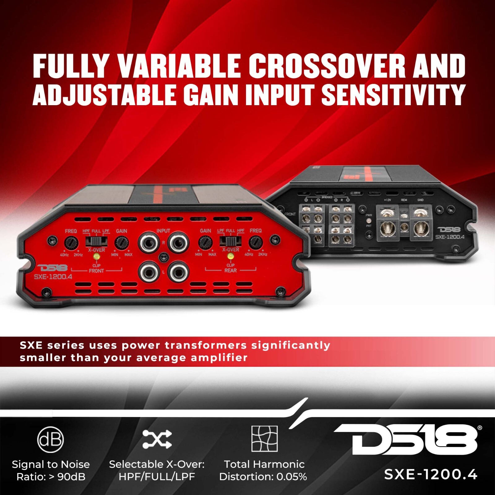 DS18 SXE-1200.4 Car Amplifier Class A/B 4-Channel Full-Range - Compact Size Amp