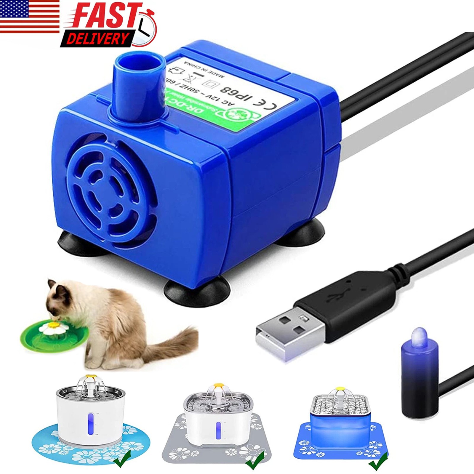 Pet Water Fountain Pump USB Rechargeable with LED Light Cat Dog Drinking Pump