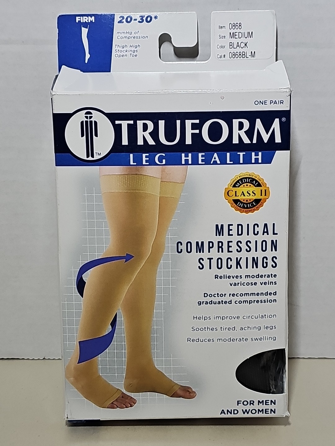Truform Stockings THIGH HIGH•OPEN TOE•Dot Top: 20-30 mmHg M BLACK (0868BL-M)