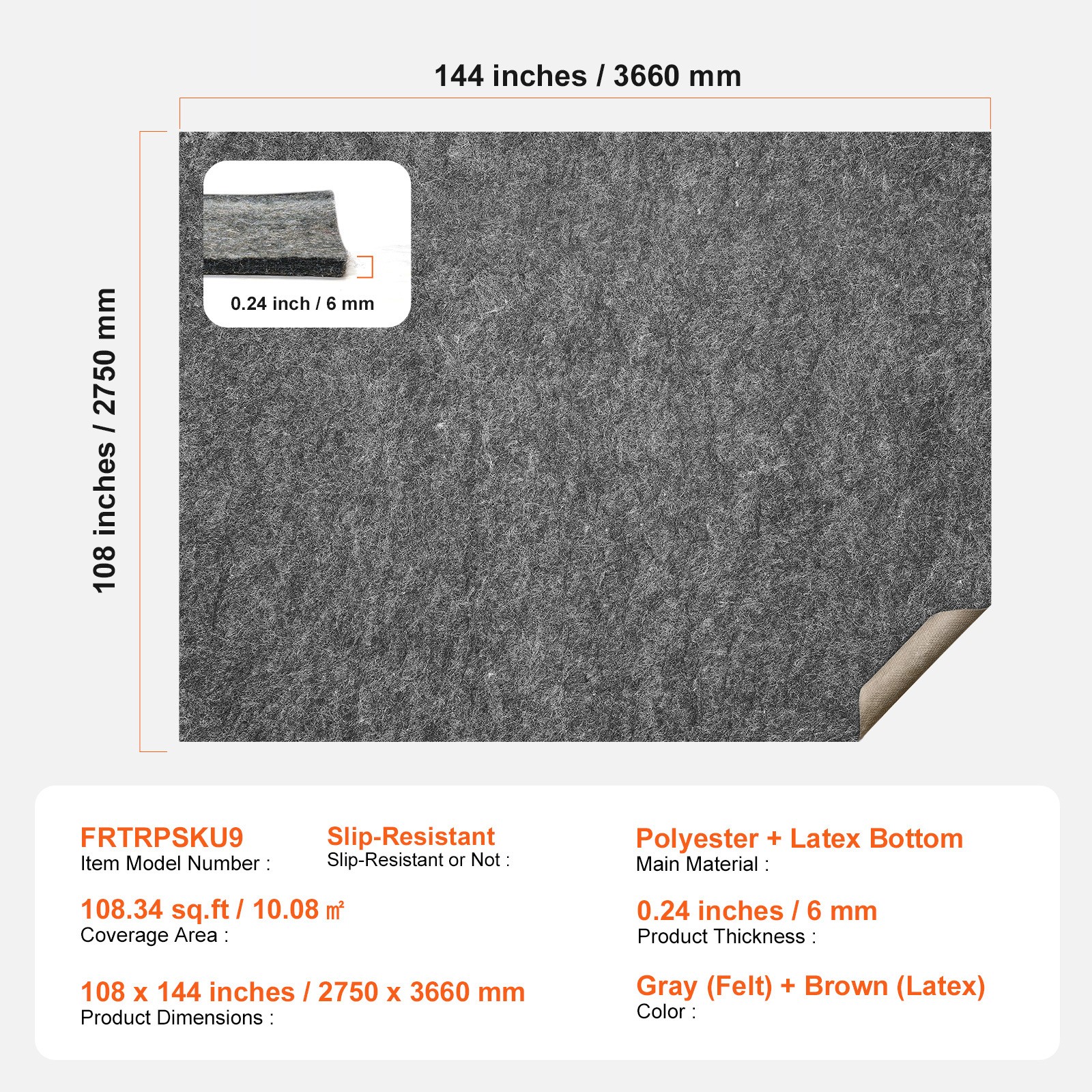 Uimoso Non Slip Rug Pad Gripper 9' x 12' Carpet Mat 0.24" Thick for All Floor