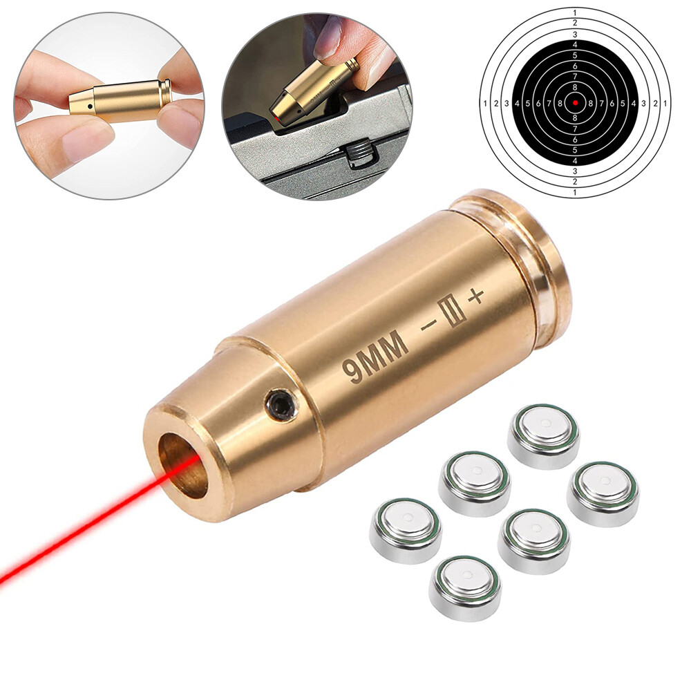CAL 9mm Red Laser Bore Sight Brass Cartridge Bullet Shap Boresighter 6 Batteries