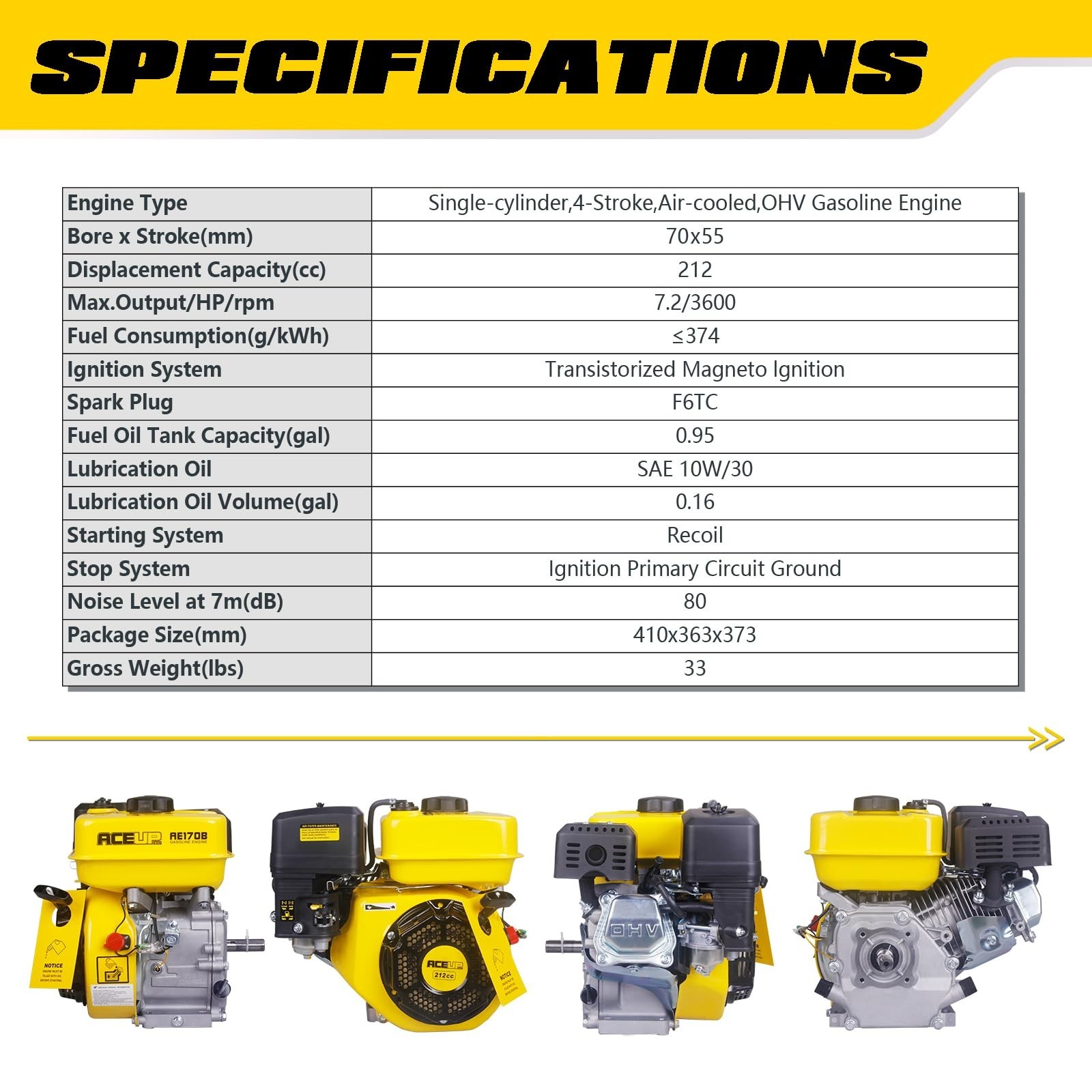 Aceup Energy 7HP 212cc Gas Engine Horizontal Shaft, 4 Stroke OHV Gas Motor
