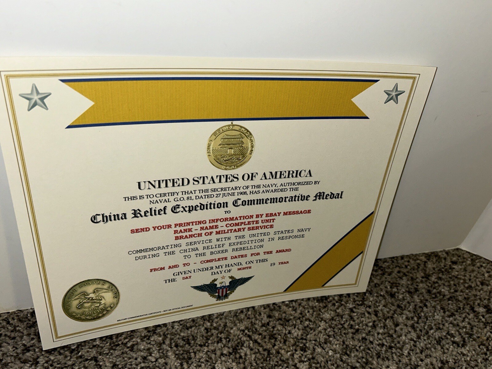CHINA RELIEF EXPEDITION COMMEMORATIVE MEDAL CERTIFICATE ~ W/PRINTING TYPE-1