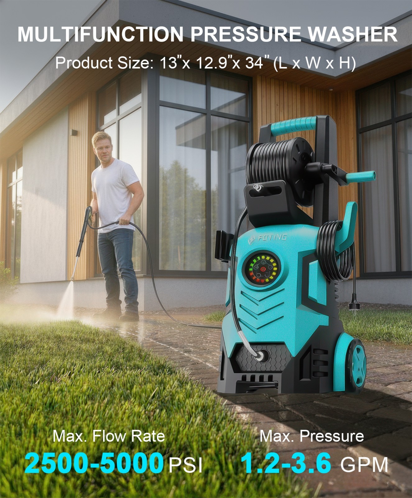 FOTING 5000-PSI, 2.3-3.6 GPM Adjustable Electric Pressure Washer with 4 Nozzles