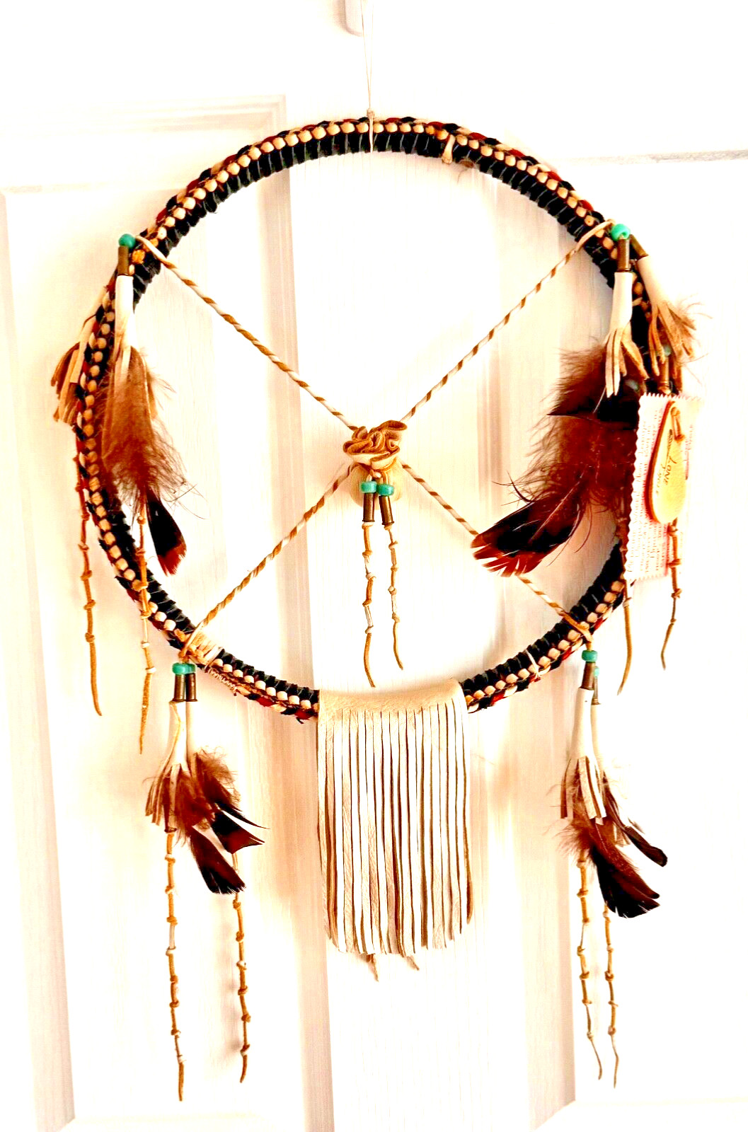 Medicine Wheel-Hopi Artist Lone Eagle Wall Art Braided Leather Wood Hoop Signed