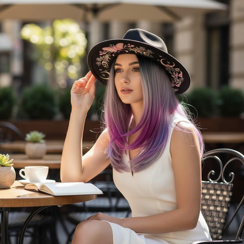 Wide Brim Fedora Hat Womens 7 1/8 Black Embroidered Butterfly Moon Floral Boho