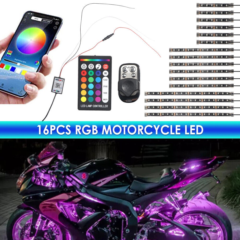 16PC RGB Bluetooth Motorcycle LED Light Under Glow Neon Strip Remote Control Kit
