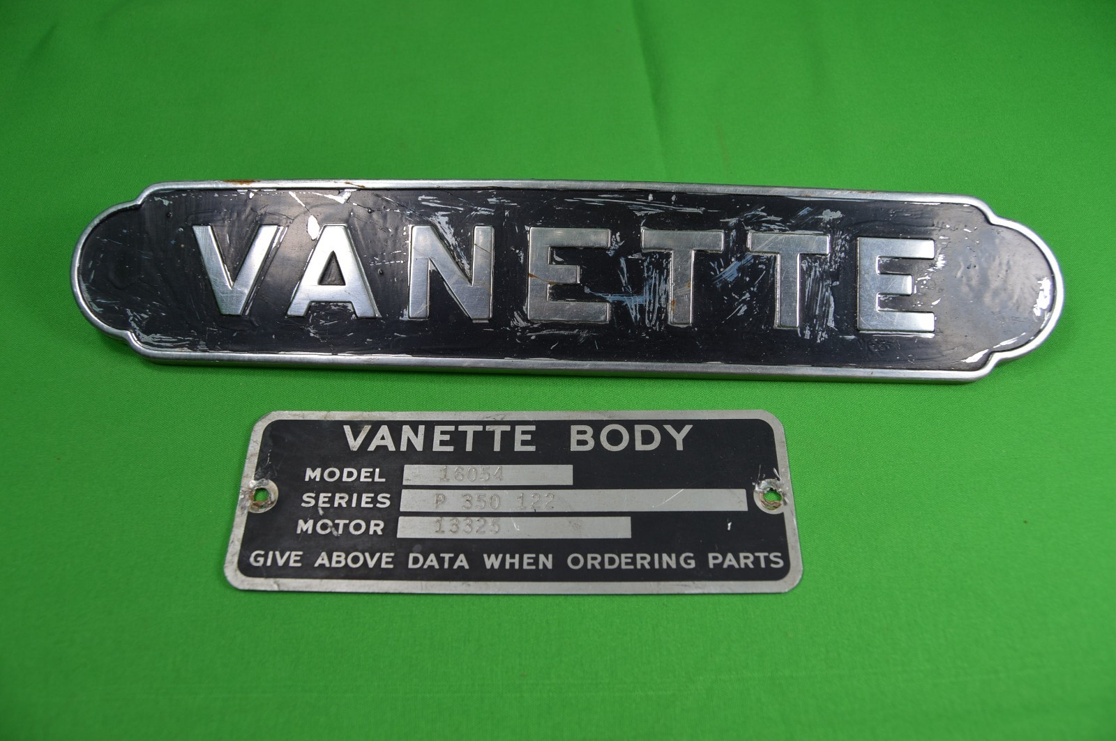Original Vanette Emblem Ornament W/ Data Body Plate,Black & Chrome,40s,50s,60s?