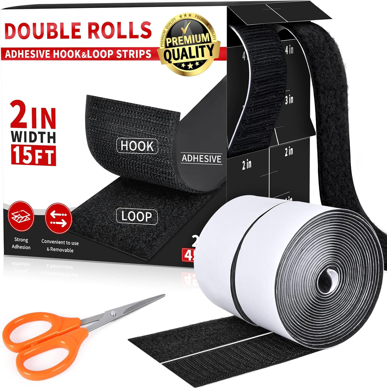 2 Inch X 15Ft Hook and Loop Strips with Adhesive, Double Sided Self Adhesive, Ny