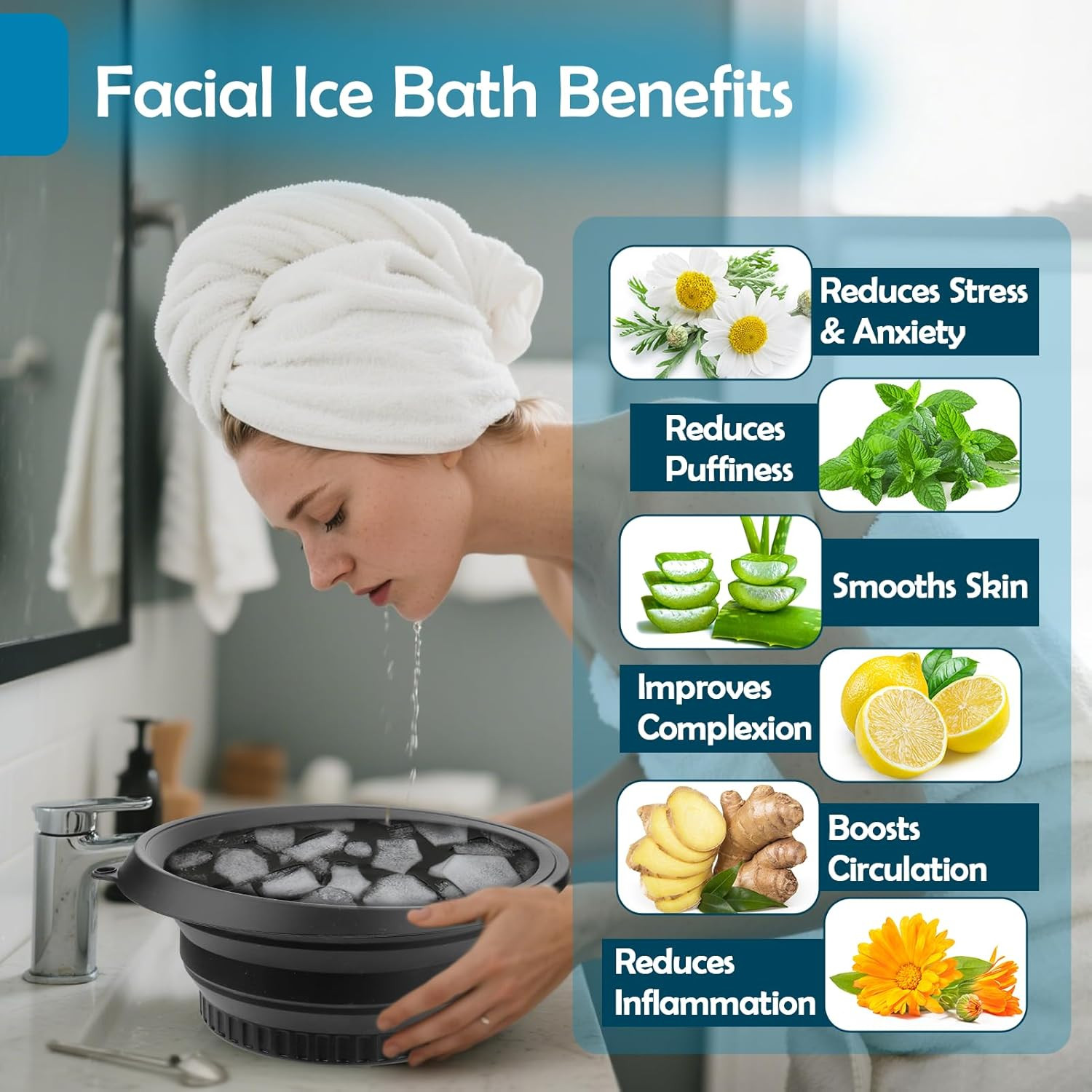 XANGNIER Face Bowl for Ice with Built-In Ice Tray – Collapsible Silicone Facial